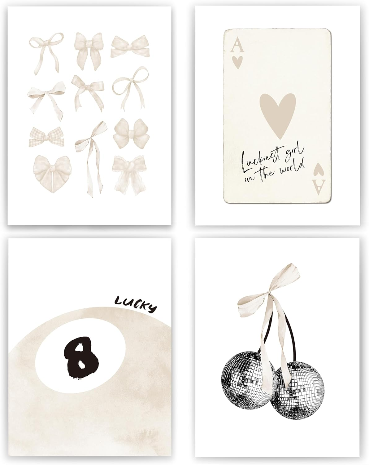 Okaxscm Light Blue Coquette Trendy Preppy Wall Art Prints Set of 4,Coquette Preppy Room Decor,Blue Bow Disco 8 Ball Cherry Wall Decor Posters for Girls Bedroom Dorm,12X16 Unframed