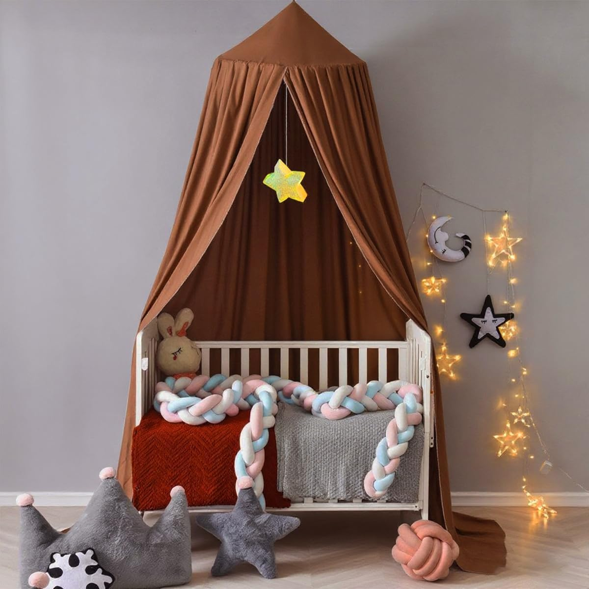 Kids Bed Canopy, Princess round Dome Canopies for Girls & Adults Mosquito Net for Nursery Baby Crib Child Bed Cotton Hanging Bedding Drapes for Reading Nook Hideaway Castle Game Play Room Decor - Khaki image number 3