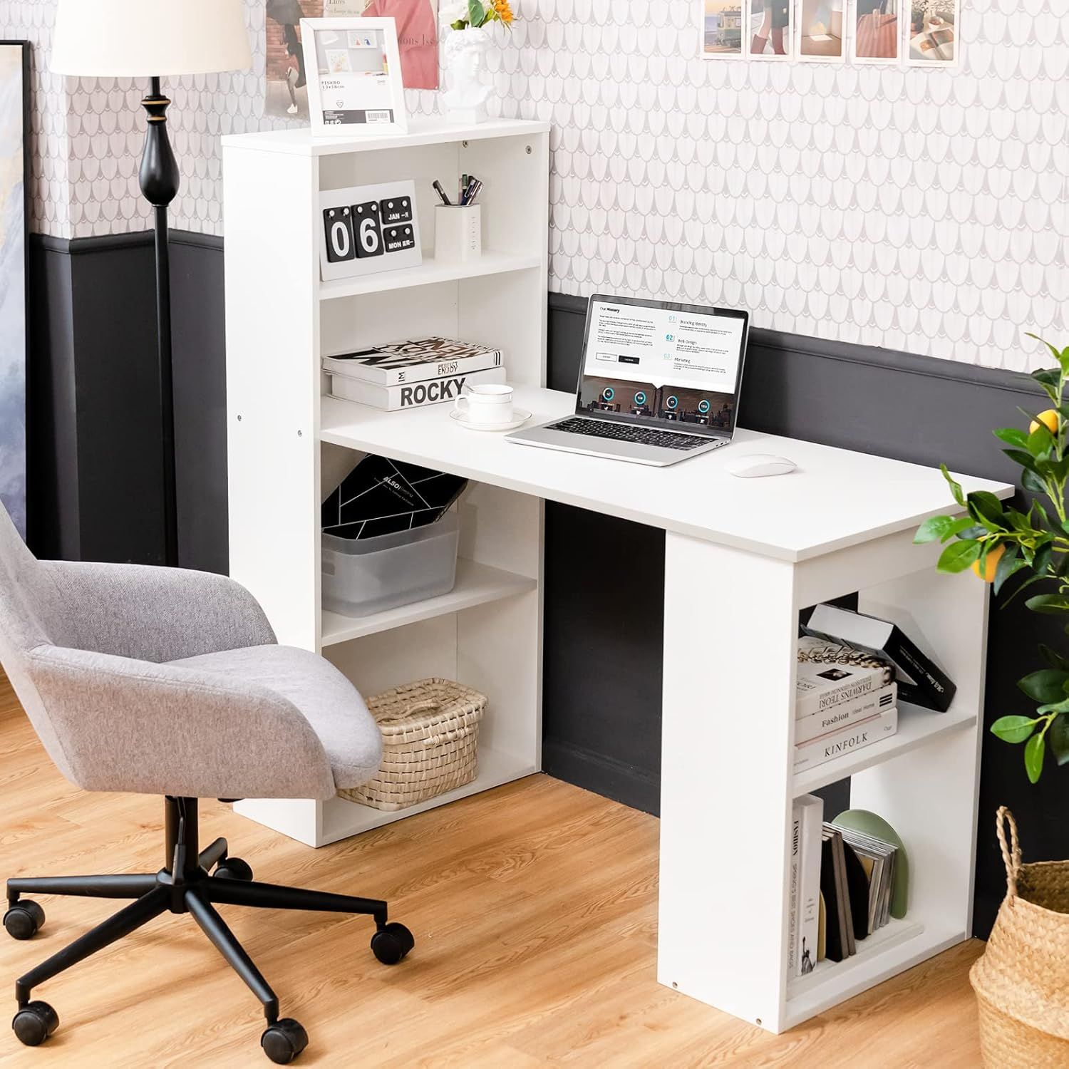 Giantex Reversible Computer Desk with Bookshelf, Writing Study Workstation W/Storage Shelves & CPU Stand, Modern Computer Table W/Large Desktop for Home & Office, Space-Saving Design (White) - Type 6 White image number 4