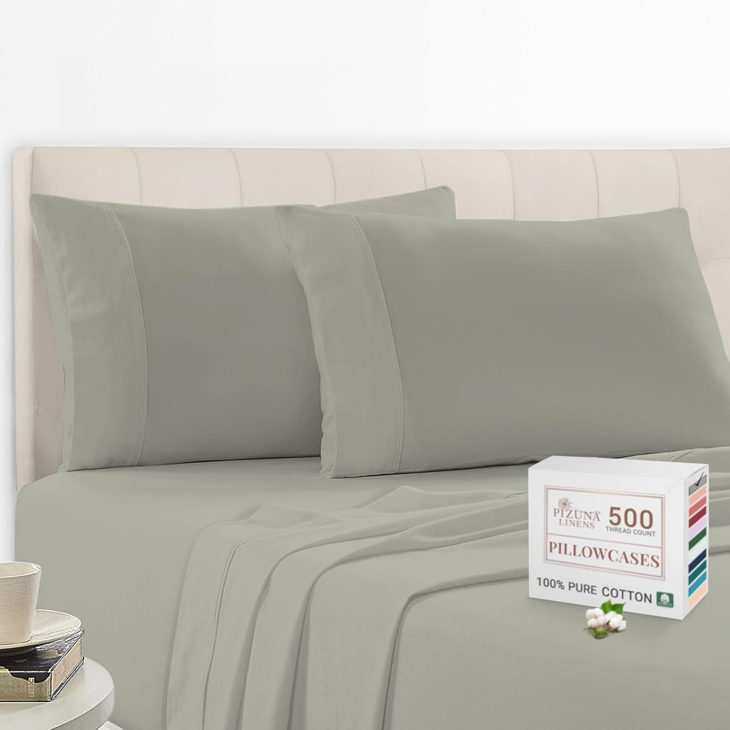 Pizuna Cotton Pillow Case Standard Size, Soft 500 Thread Count, 100% Combed Cotton Sateen Weave Hotel Quality Pillowcases (Antique Silver Pillow Covers Set of 2)