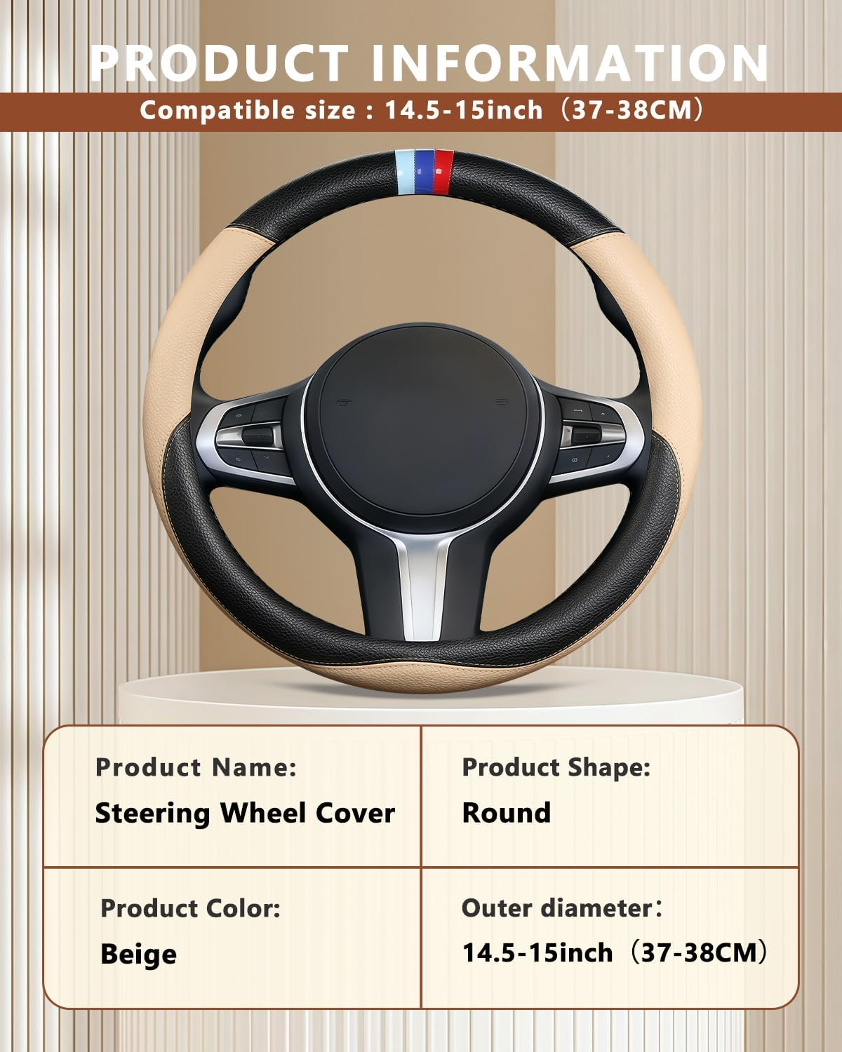 OHHMNKK Customized Auto Car Steering Wheel Cover for BMW X1,X2,X3,X4,X5,X6,X7,I3,I4,I5,14.5-15 Inch (Beige) - Black image number 3