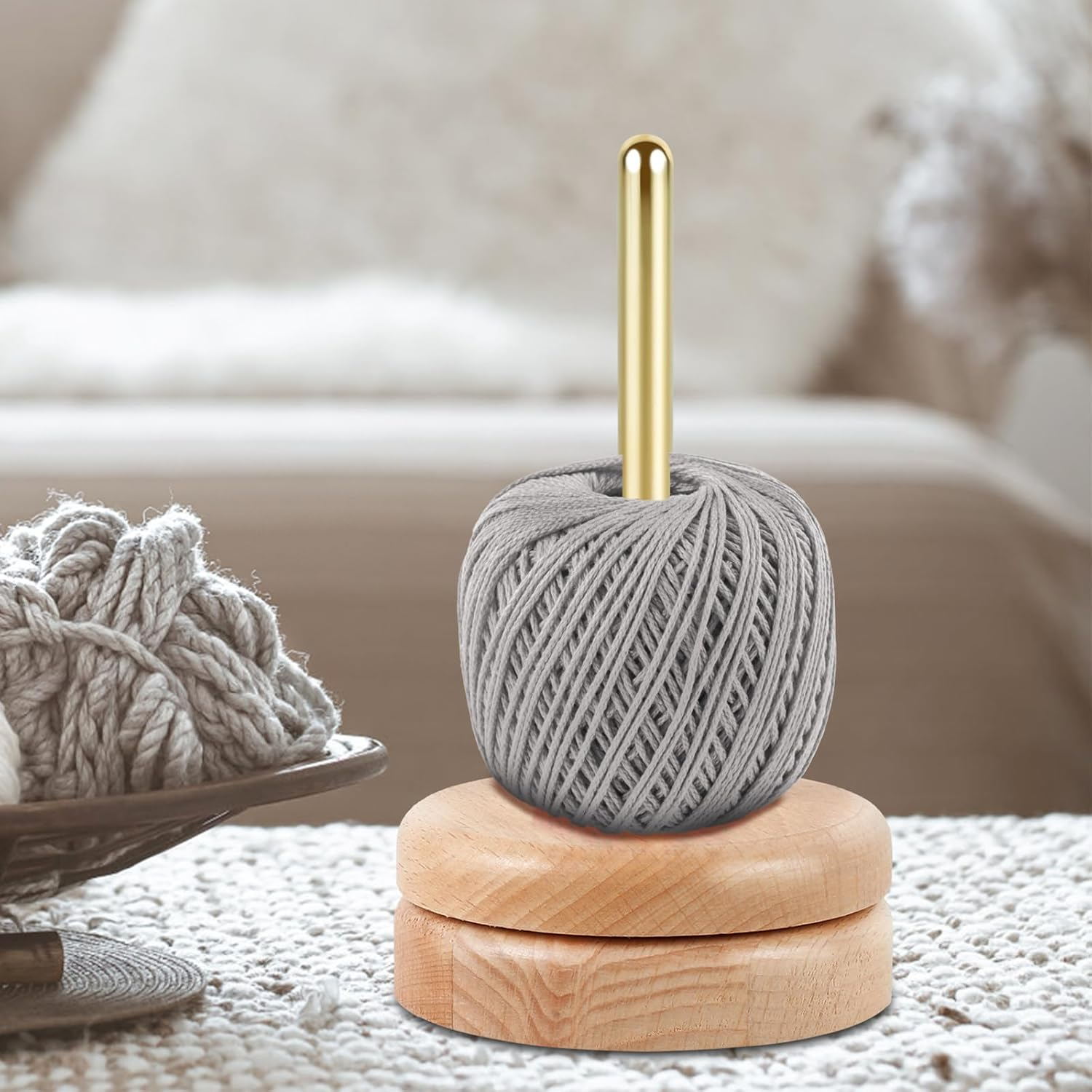 Wooden Yarn Holder Yarn Spindle Dispenser Stable Beech Wood Yarn Skein Spinner Rotatable Revolving Yarn Ball Stand Yarn Ball Holder Dispenser for Crocheting Knitting Yarn image number 6