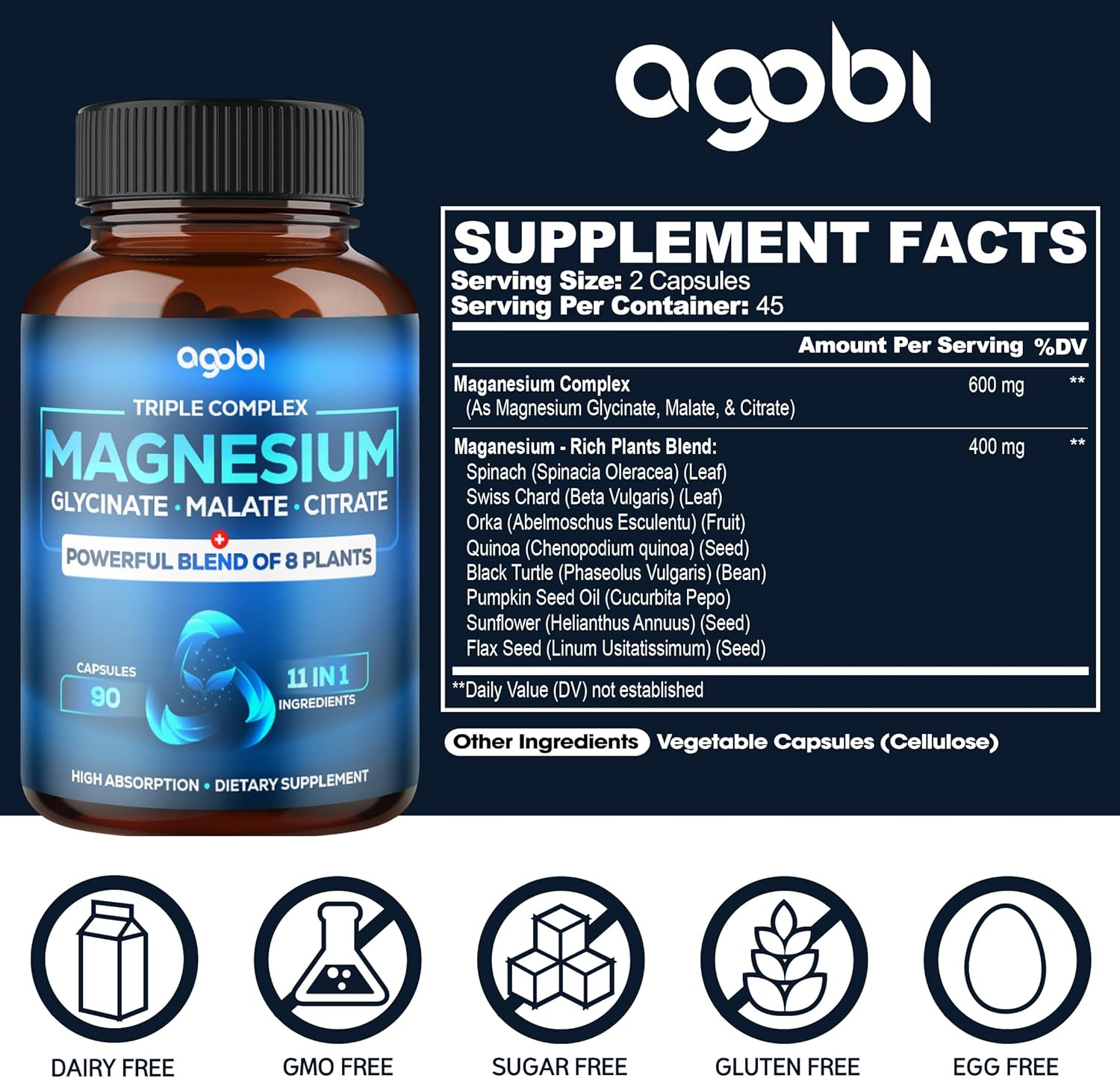 11In1 Magnesium Glycinate Chelate Complex with Magnesium Malate Powder, Pure Magnesium Citrate, Black Bean & Others - 90 Capsules image number 3