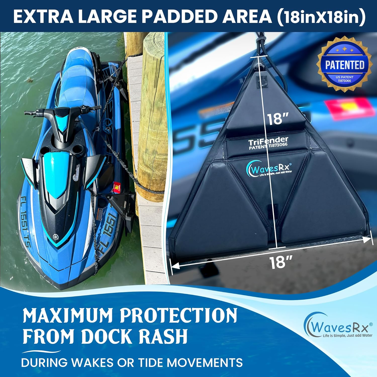 WAVESRX PWC Fender Bumper for Safe Jet Ski Docking | Foldable Easy-To-Store Marine Bumpers Offer Ultimate Protection from Dock Rash and Scratches | Adjustable Length Bungee Cord + Hook & Safety Latch image number 4