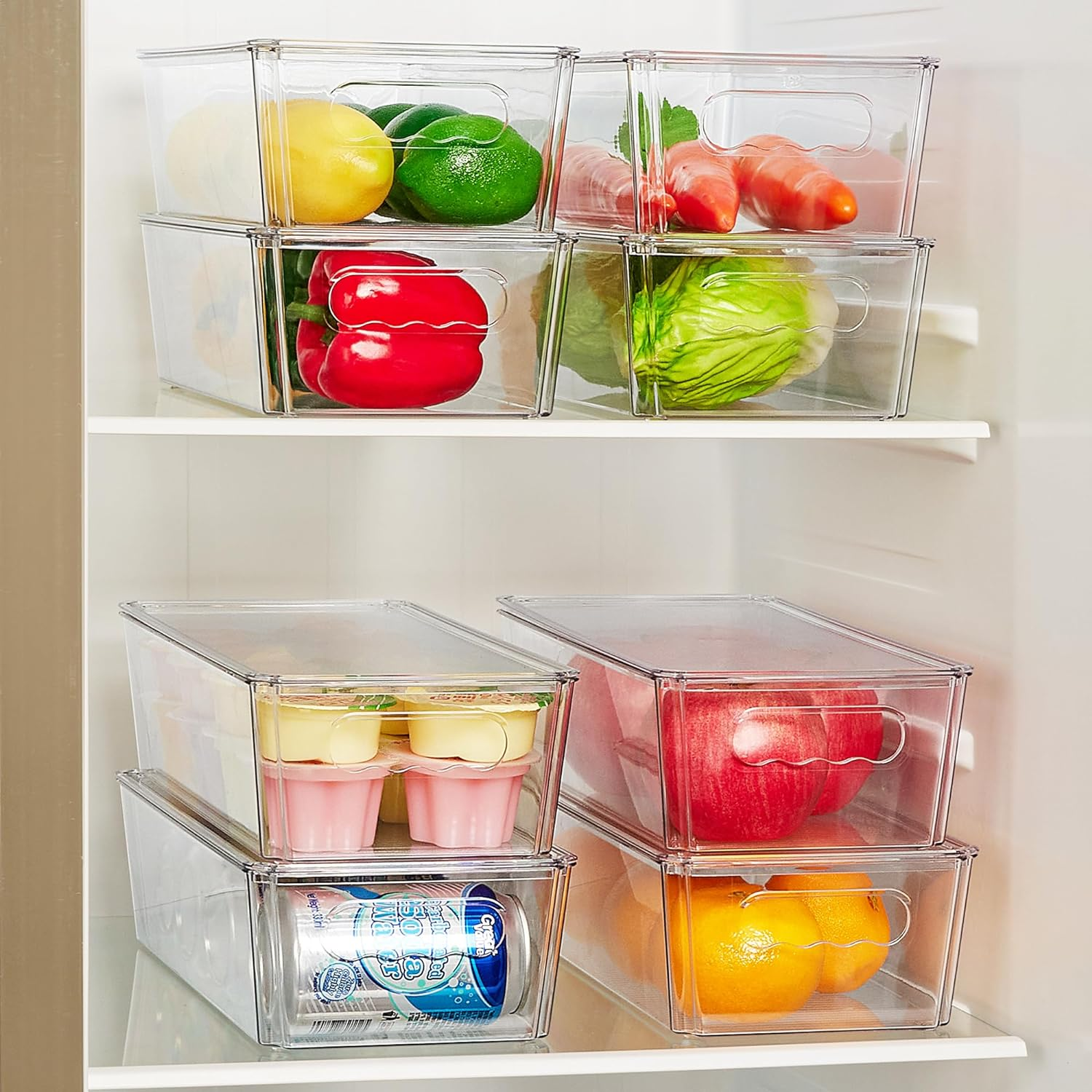 Vtopmart 8Pcs Clear Organizers and Storage Bins with Lids, Stackable Plastic Storage Containers with Handles for Fridge, Freezer, Pantry, Cabinet, Kitchen Organization and Storage
