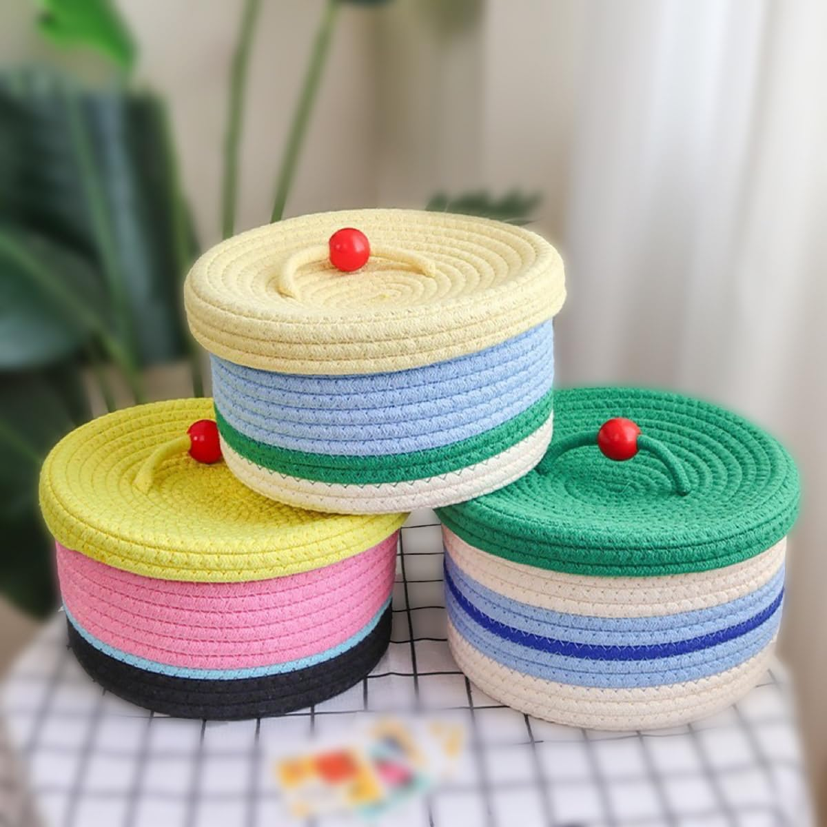 AIMALL Dopamine Storage Basket, Cotton Weave Colorful Desktop Organizer, Ideal for Cosmetics, Toys, Creative Cream Cake Theme, 9.05 X 5.51 Inches image number 3