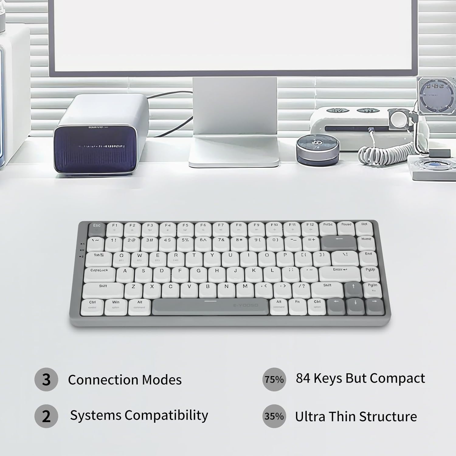 E-YOOSO Z-84 84 Keys Ultra-Slim Wireless Bluetooth/Usb Wired Mechanical Keyboard with White LED Backlit, Low-Profile G Mechanical Red Switch Compatible with Mac Windows image number 2