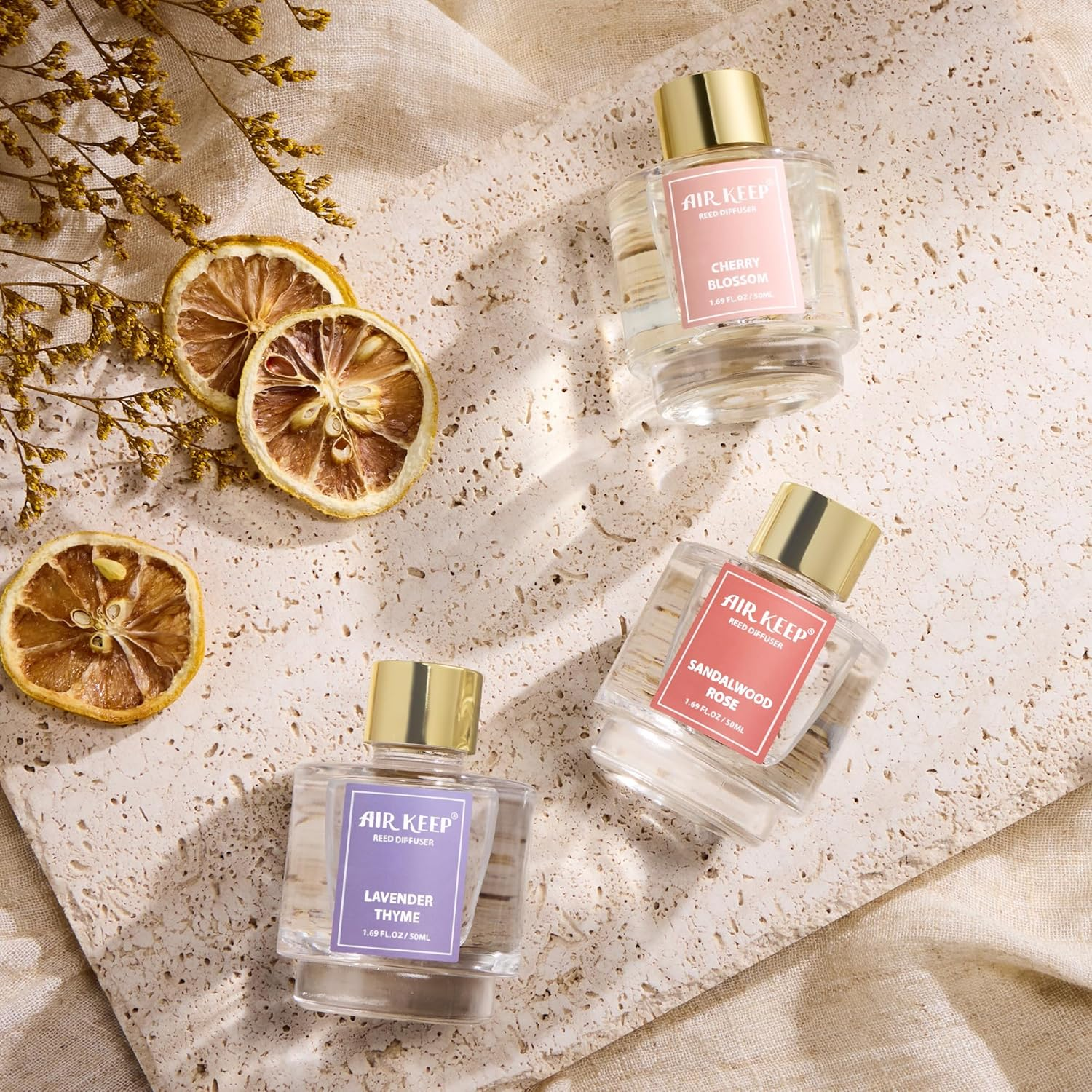 Airkeep Reed Diffuser Set of 3, Lavender Thyme Sandalwood Rose Cherry Blossom Oil Reed Diffusers for Bedroom Living Room Office Aromatherapy Oil Reed Diffuser for Gift 50Ml X 3 image number 1