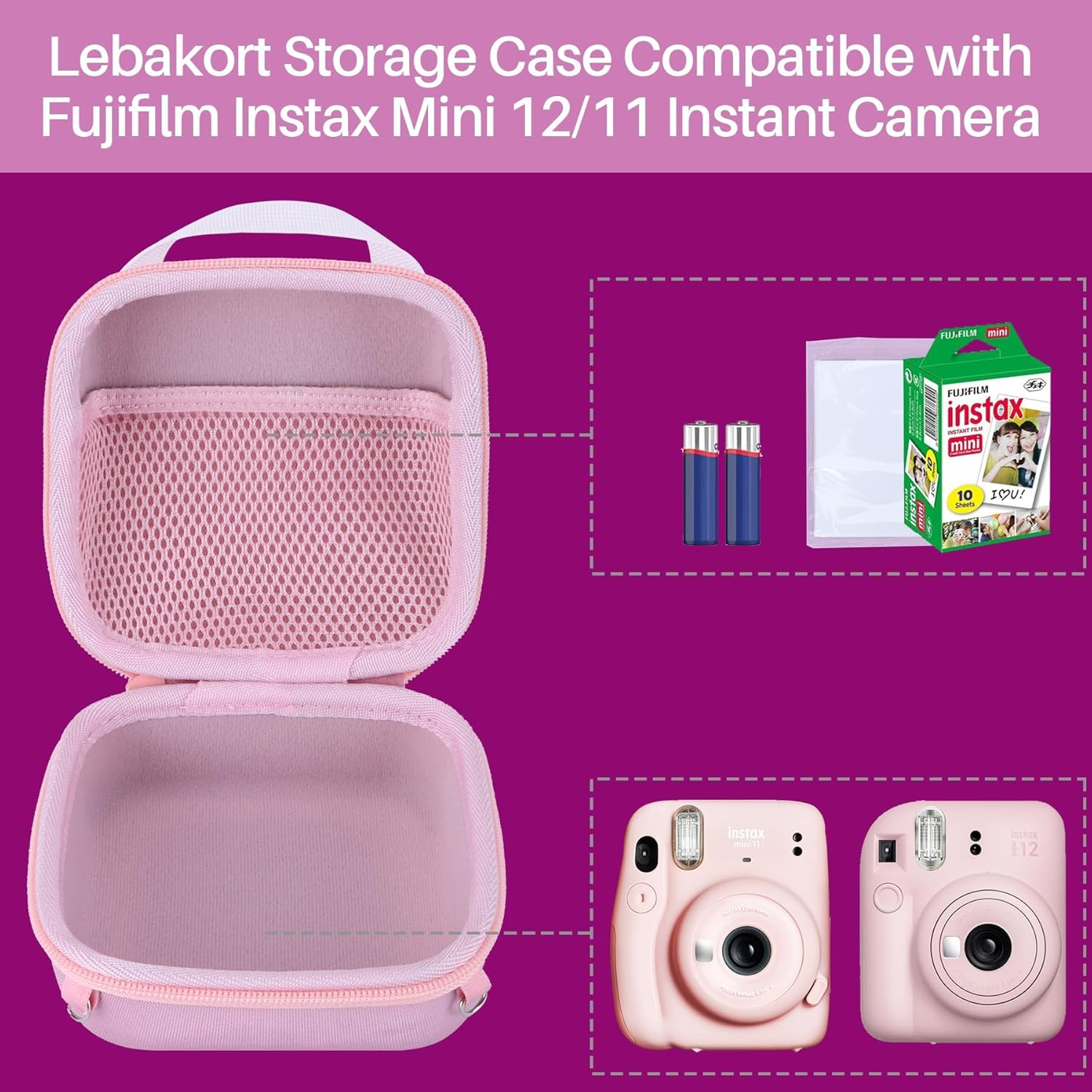 Storage Case Compatible with Fujifilm Instax Mini 12/11 Instant Camera (Blush Pink Case) (Pink) - Black image number 2