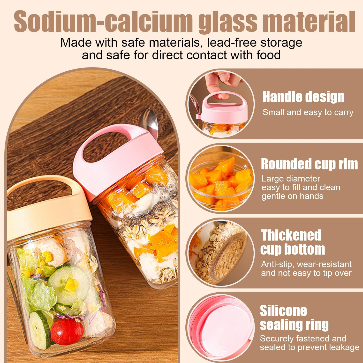 6 PCS 15OZ Overnight Oats Containers Jars with Lids and Spoons, Oatmeal Containers with Handle, Wide Mouth Glass Mason Overnight Oats Jars for Cereal Fruit Vegetable Milk Salad Yogur image number 6