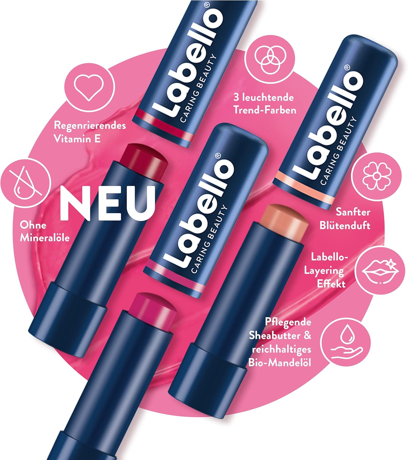 Labello Caring Beauty Pink (5.5Ml) Coloured Lip Balm with Vitamin E, Shea Butter and Almond Oil Moisturising Lip Balm for a Radiant Finish image number 2