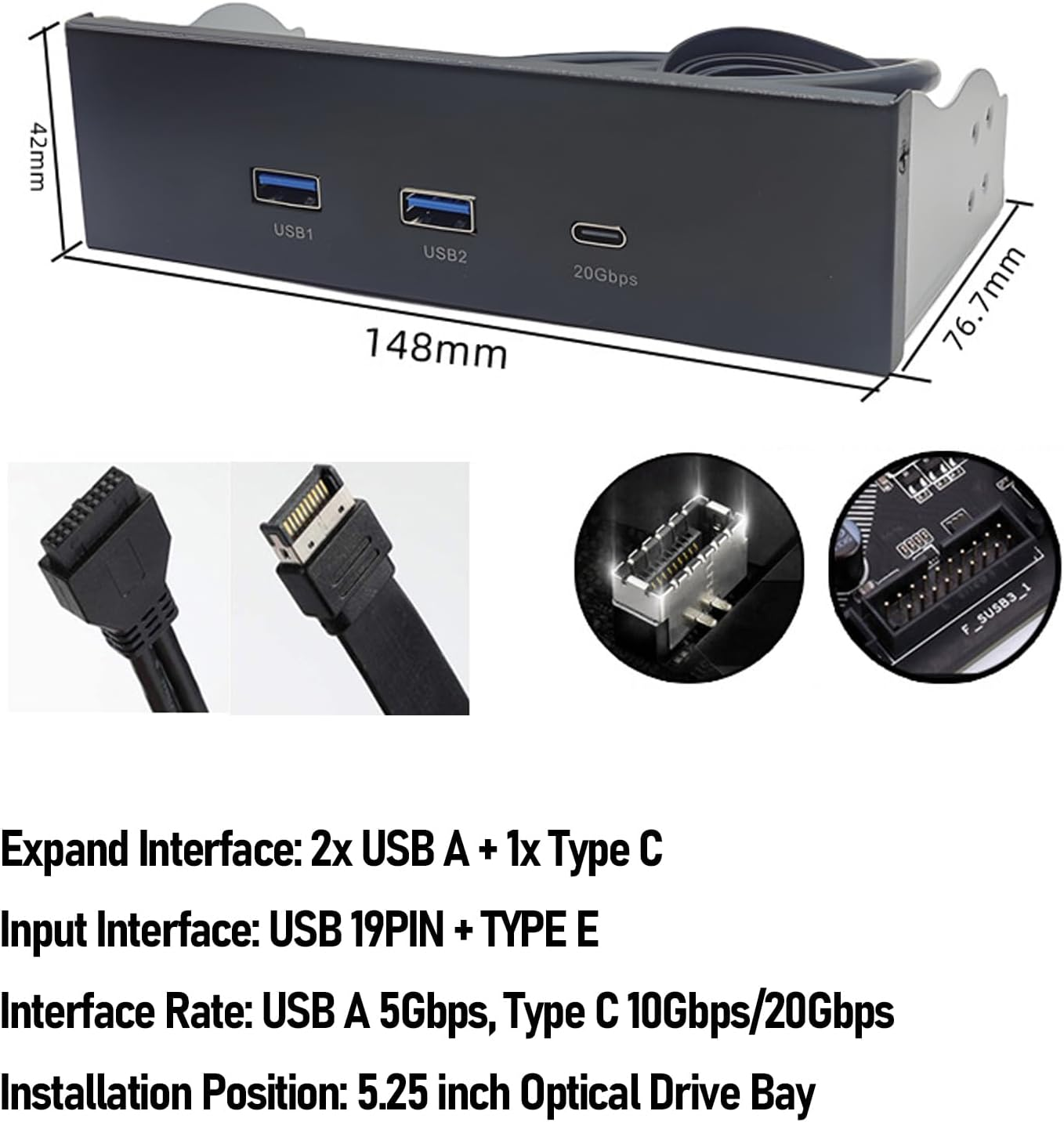 USB Front Panel Hub, Gen2X2 USB a Type C 3 Ports, Optical Drive 5.25-Inch Front Panel, 19 Pin 20Gbps Optical Drive Extension Panel, Computer Expansion Board image number 4