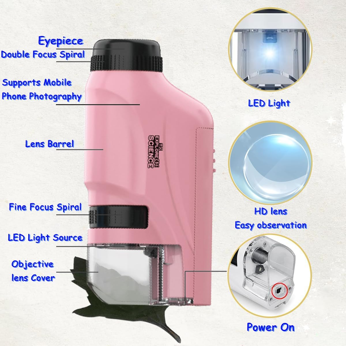 60-120X Zoom Kids Portable Microscope Pocket Handheld Mini Microscope with LED Light High Definition for Students Microbiological Observation Preschool Home Study Educational Toys（Pink） - Pink image number 2