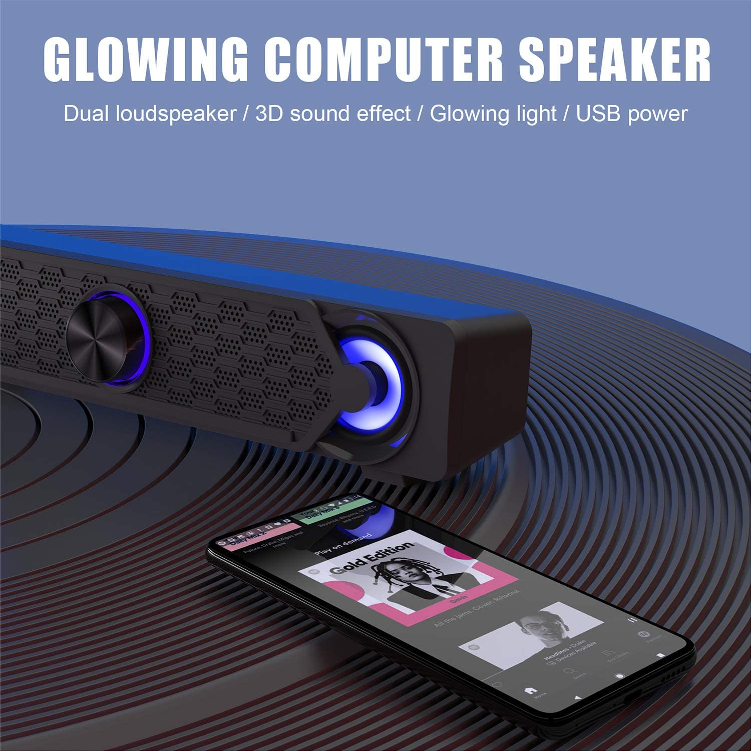 Computer Speakers,Smalodi PC Speaker Mini Led Soundbar Cool Design Perfect for Gaming Laptop Desktop Notebook image number 1