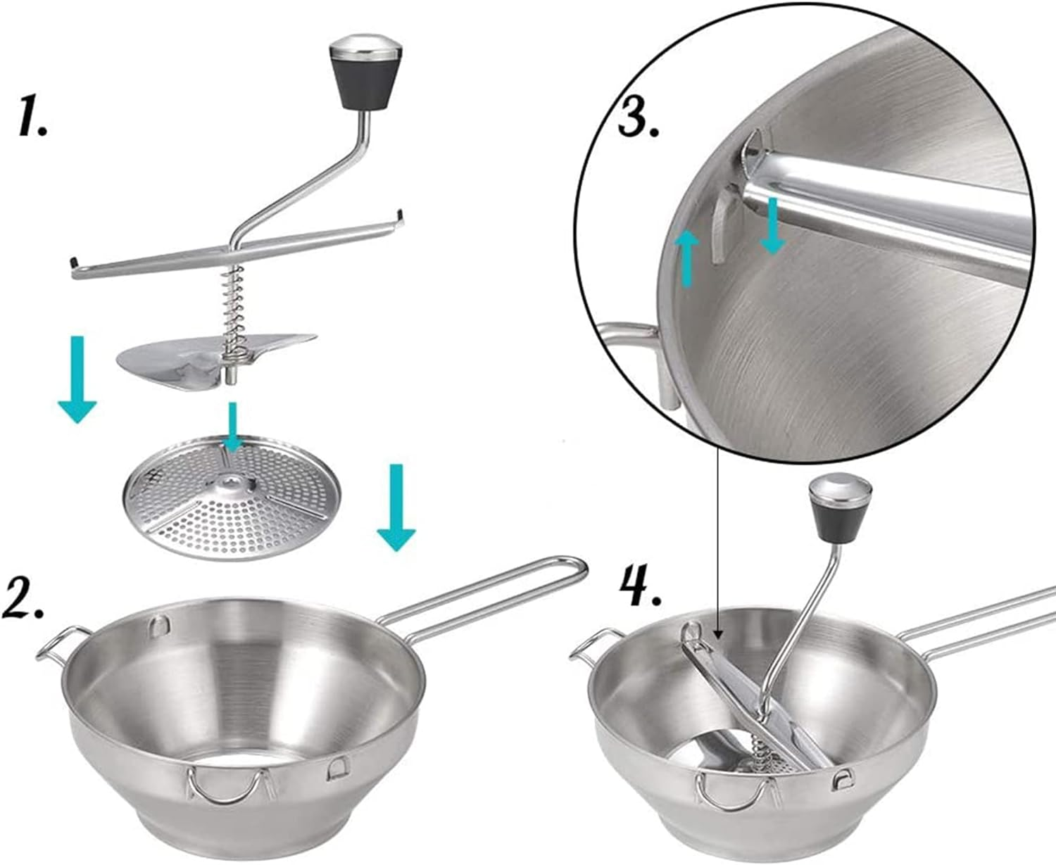 Stainless Steel Food Mill - Rotary Food Mill Vegetable Strainer Potato Masher Grinder with 3 Milling Discs Safe for Tomato Sauce, Applesauce, Puree, Mashed Potatoes, Jams, Baby Food image number 1