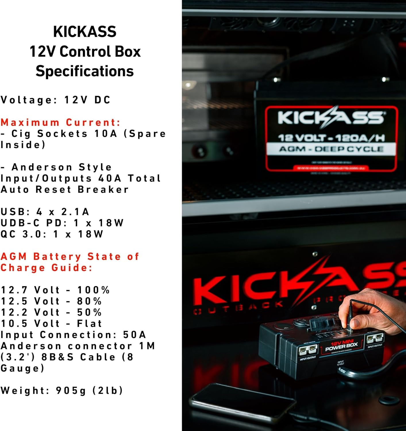 Kickass 12V/DC Mini Power Box - DC Distribution Box- Anderson Input - Solar - Travel Friendly Charge 11 Devices - 6 USB Ports for Ultimate Charging - Built in LED Light - LED Volt Meter - Dust Cover image number 2