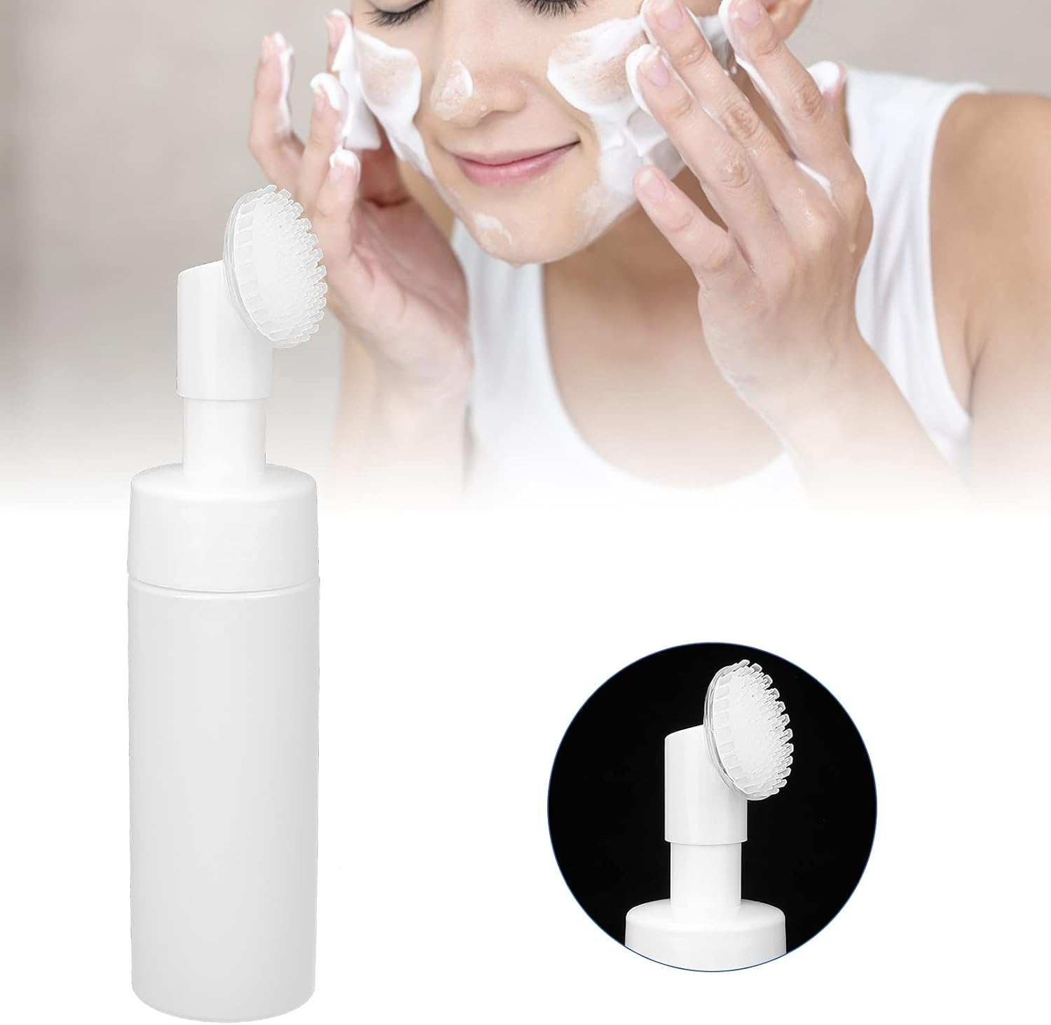 Foaming Bottle with Brush, White Facial Cleanser Foam Bottle, Fastening Pump Head Facial Cleanser Foaming Bottle for Lotion Bottling image number 1