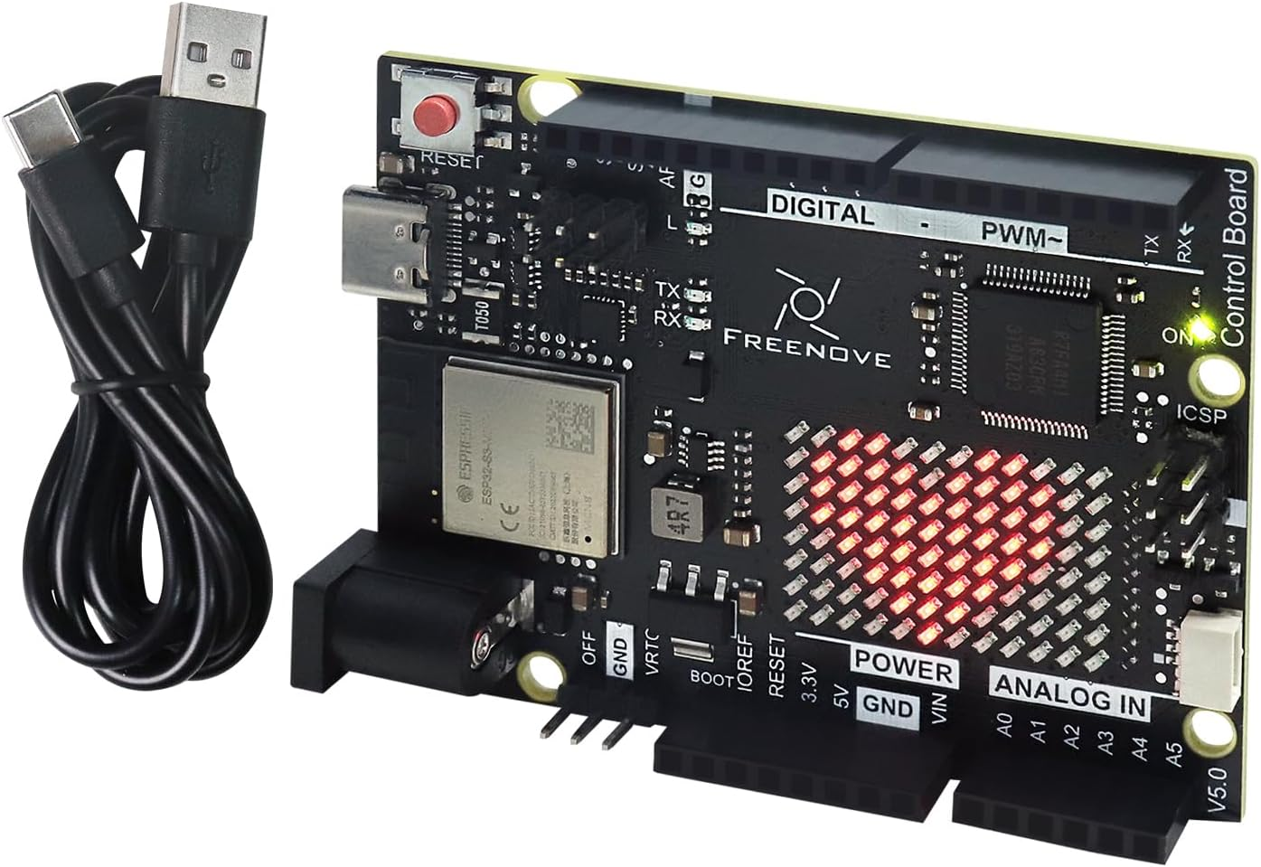 Freenove Control Board V5 Rev4 Wifi (Compatible with Arduino IDE), Arm Cortex-M4 Microcontroller, Onboard ESP32-S3, LED Matrix, USB-C Connector, Example Projects and Code Tutorial image number 4