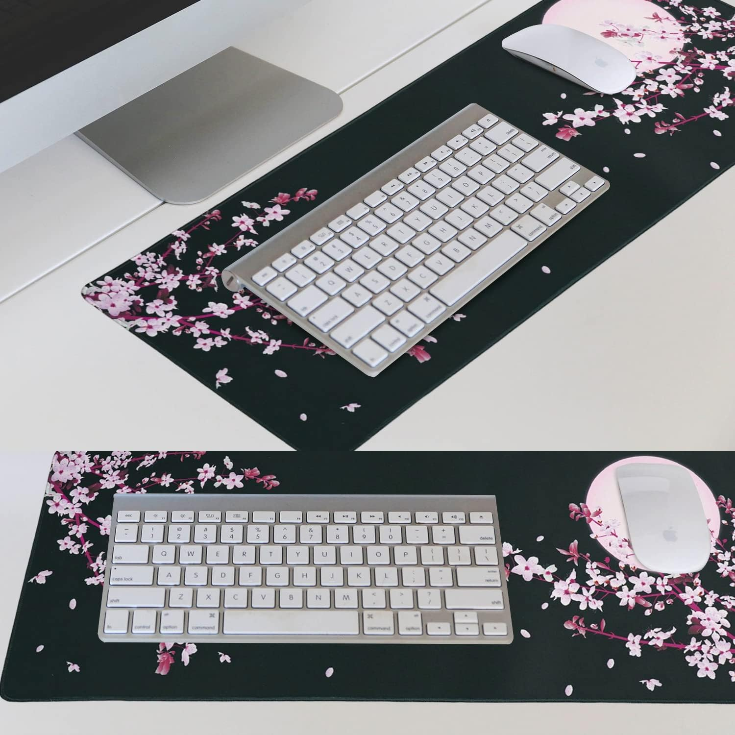 Japanese Cherry Blossom Sakura Mouse Pad Black XL, Extended Large Mouse Pad, Kawaii Pink Black Mousepad, Moon Floral Long Big Desk Mouse Mat, Cherry Blossom Decor Stuff Accessories, 31.5 X 11.8 Inch