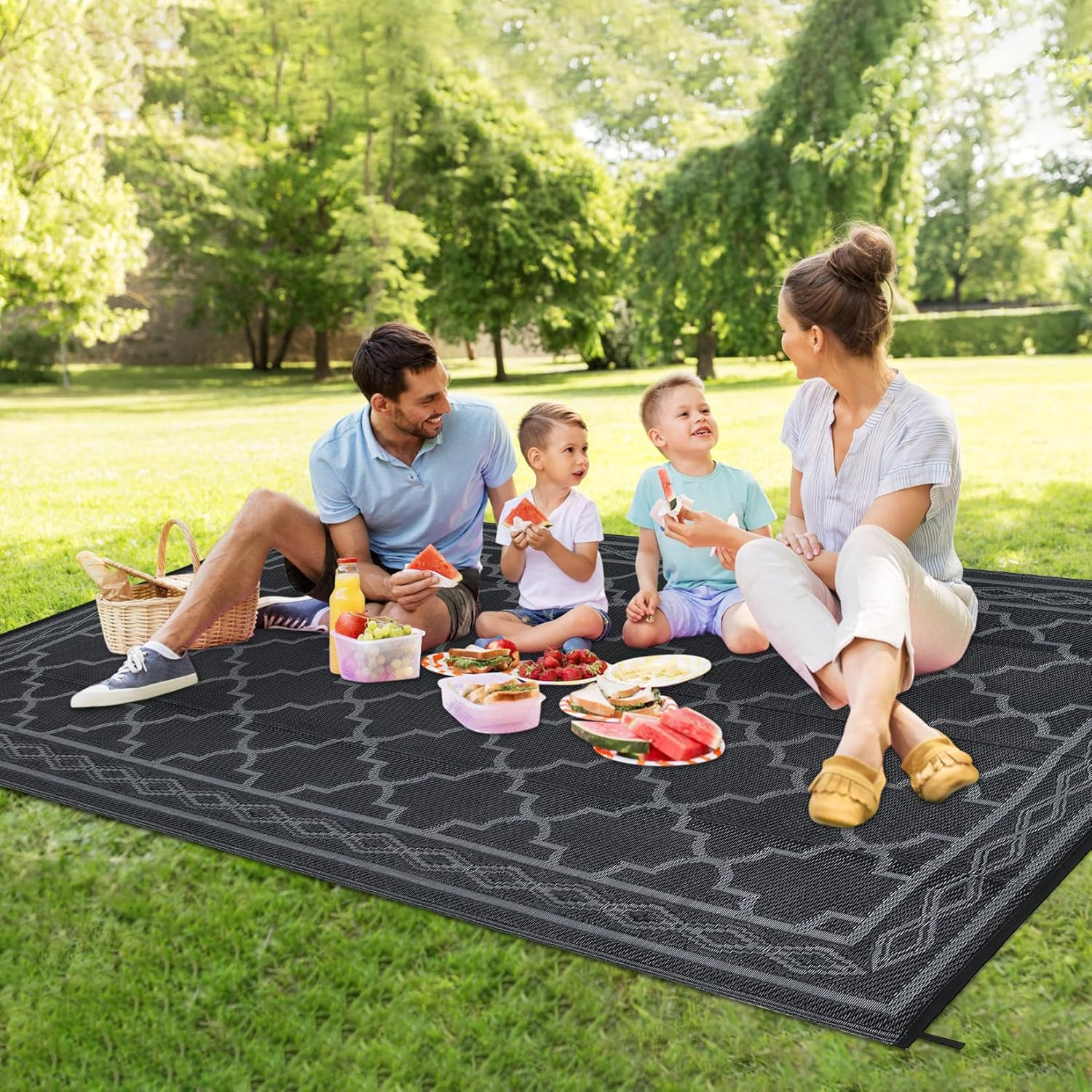 Lintimes Outdoor Rug for Patio Clearance, 152 X 244 Cm Reversible Mats, Waterproof Carpet, Plastic Straw Rug for Indoor Outdoor, Floor Mat&Rug for RV Porch Backyard Deck Beach, Black Gray image number 5