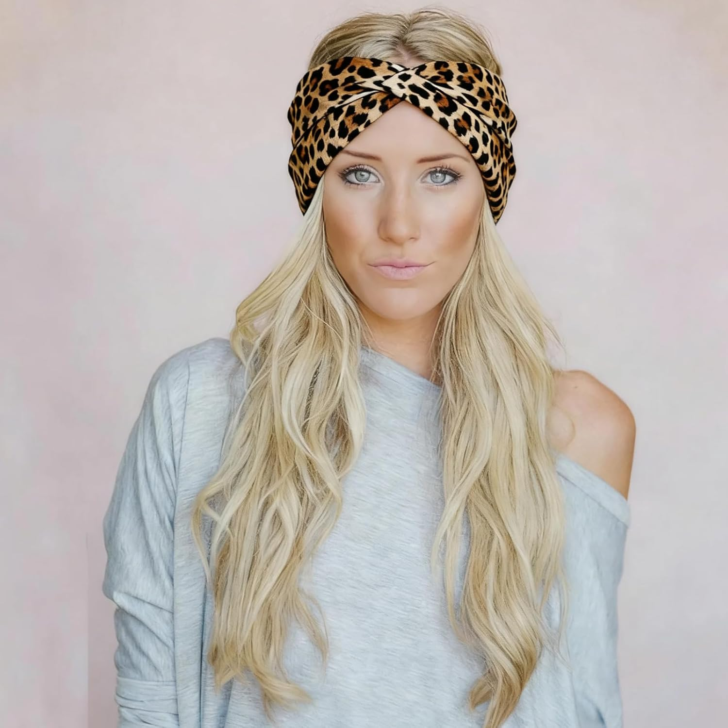 6 Pcs Leopard Print & Solid Color Hair Bands,Wide Elastic Headbands for Women,Yoga Sports Hair Bands,Boho Fashion Knotted Headbands for Women Girls image number 4