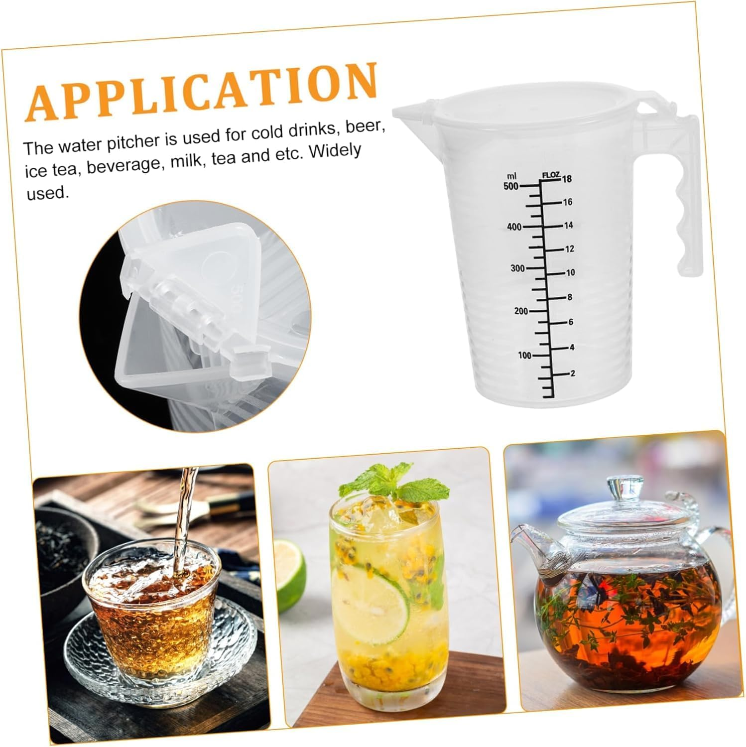 Measuring Cup with Scale Liquid Container Measuring Jug with Handle Clear Baking Accessories Water Pitcher Jug for Tea Shop Black Graduations with Handle Lid and Spout for Lab Kitchen Home (0.5L) image number 2