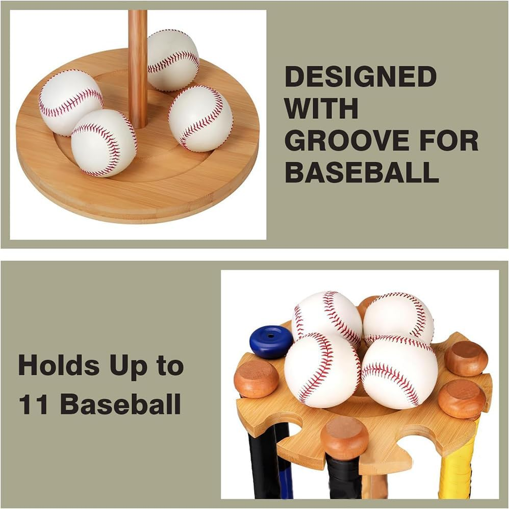 Baseball Bat Storage Organizer,Solid Wood Baseball Bat Stand,Wall Mounted Wood Rack for Baseball Memorabilia,Rustic Wooden round Softball Sport Equipment Hanger Organizer,Accommodate 10 Baseball Bats image number 1