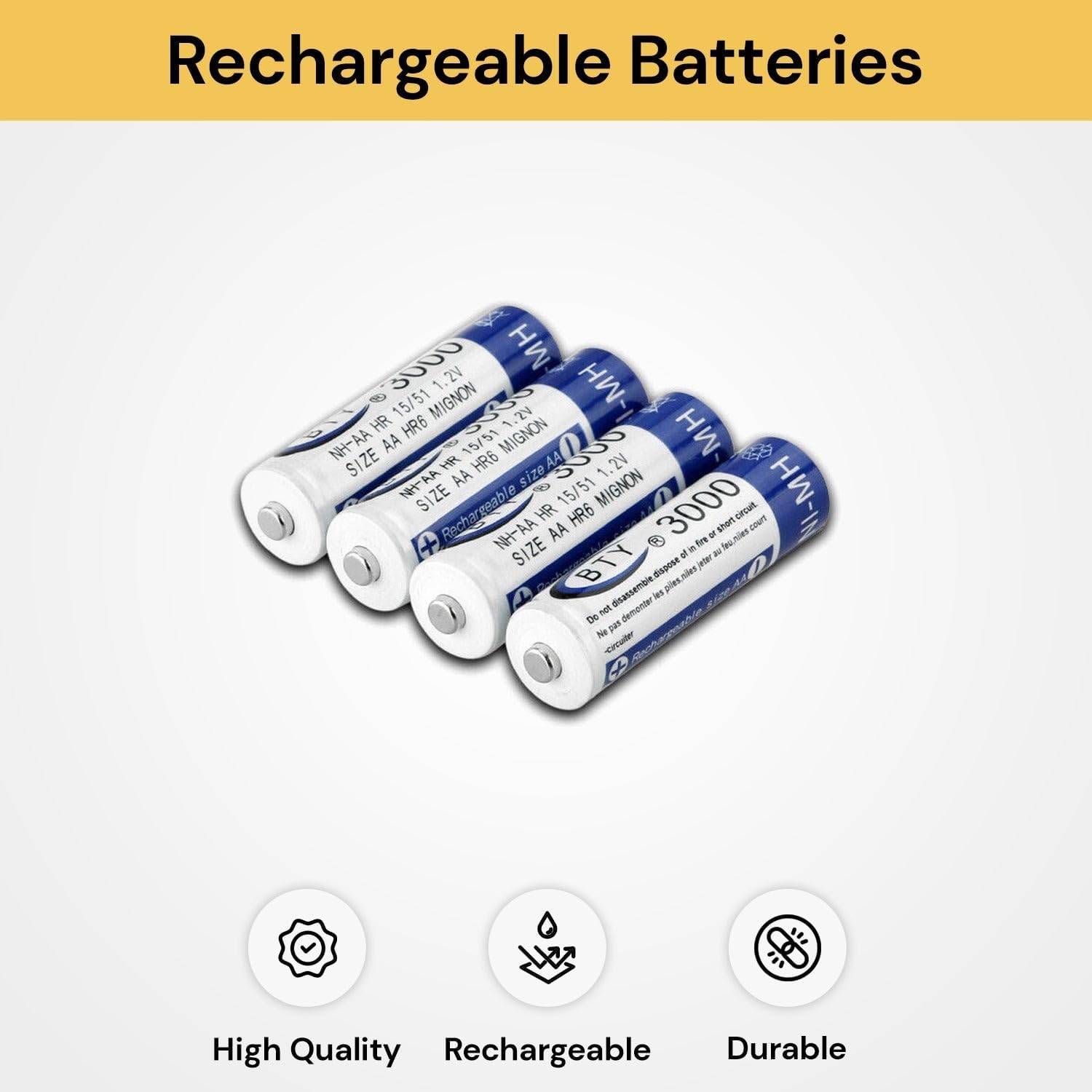 EZONEDEAL Rechargeable Battery NI-MH 1.2V 3000Mah Aa/Recharge Batteries - 4Pc/Pack image number 1