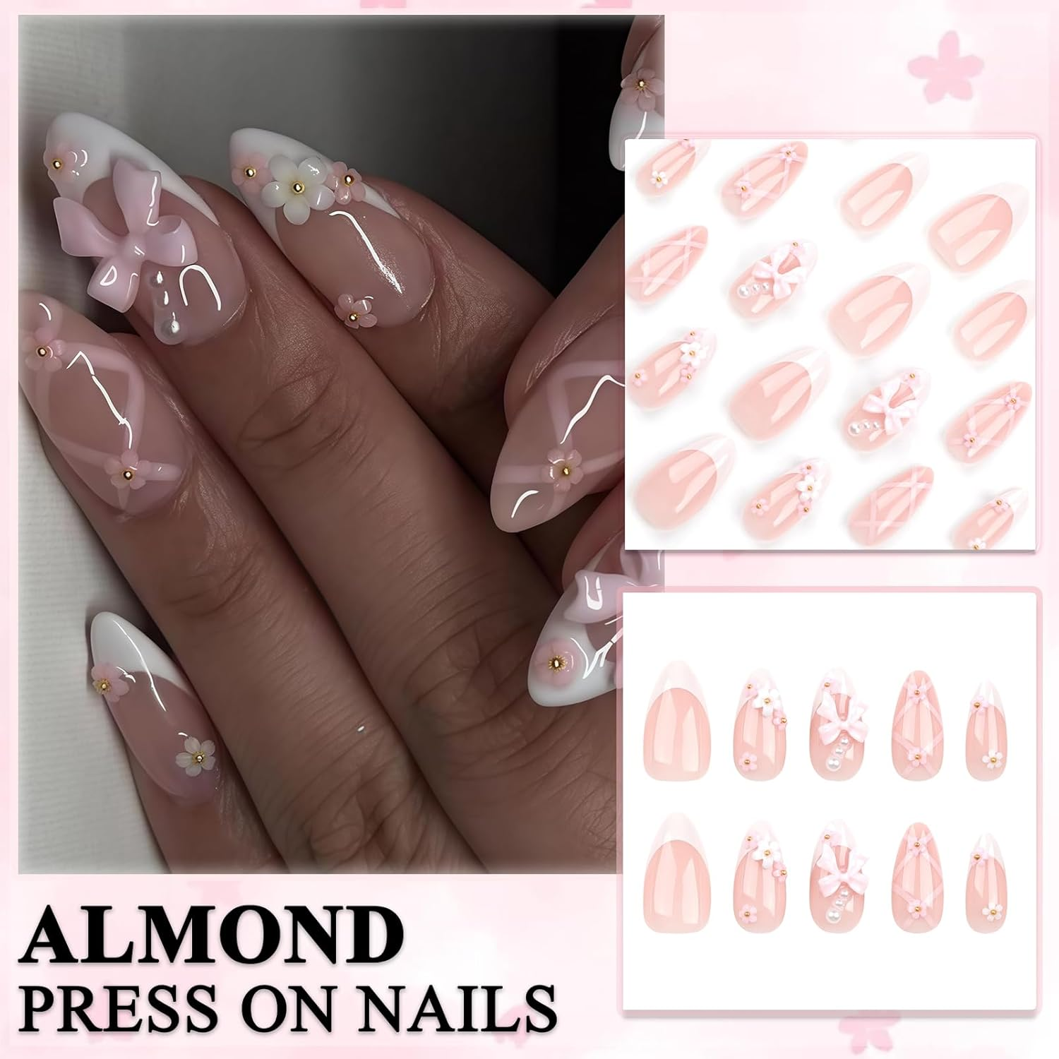 Virellay Almond Fake Nails, Artificial Fingernails, Press on Nails Almond (Pink Bow Flower French, 24 Pieces) image number 6