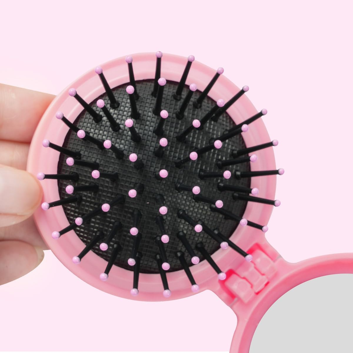 2 Pieces Folding Travel Mirror Hair Brushes, Pocket Hair Comb, Hair Brush with Mirror, round Mini Hair Brush for Women and Girls (Pink) - Black image number 4