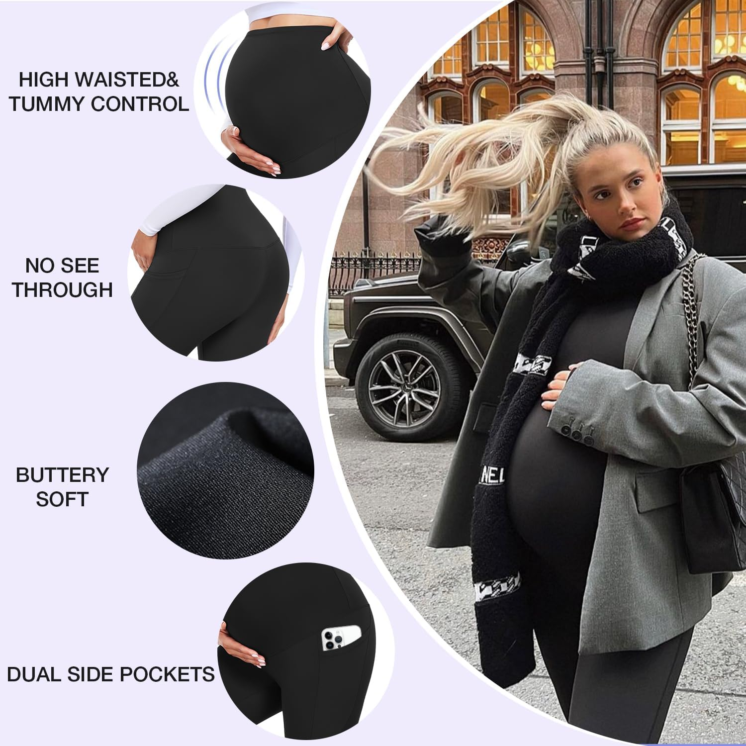 GROTEEN 3 Pack Women'S Maternity Leggings over the Belly with Pockets Super Soft Workout Pregnancy Yoga Pants image number 3