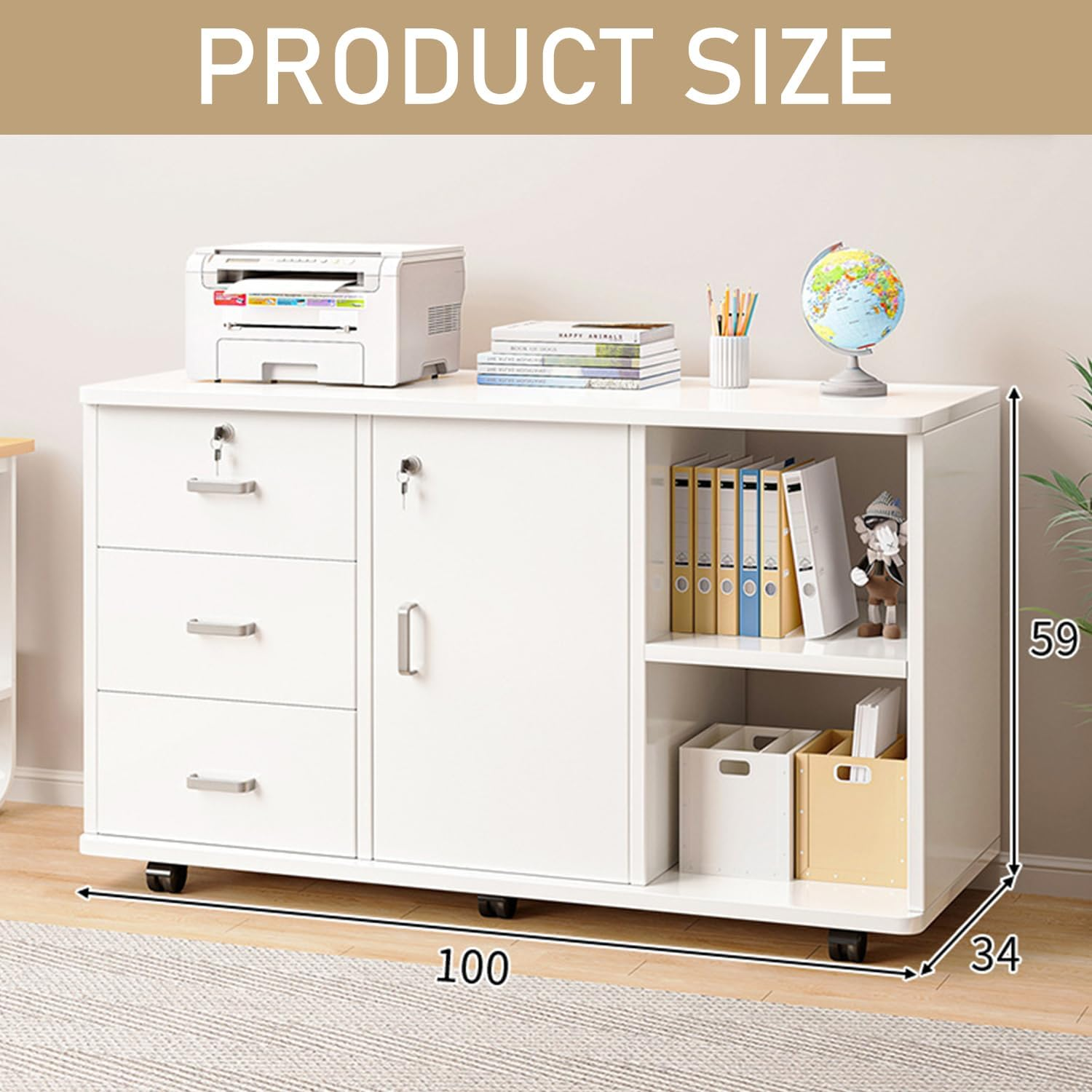 Uandhome File Cabinet, Printer Open Storage Shelf, Floor Table A4 Low Cabinet for Home Office, Mobile Lateral Drawer Cabinet with Lock, Office Furniture Space Organizer(White) image number 2