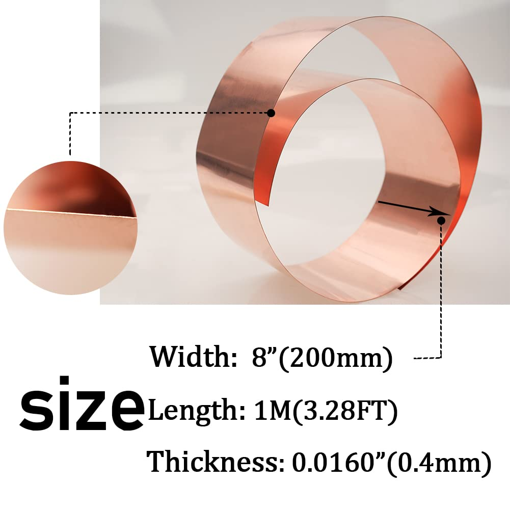 Tynulox Pure Copper Flashing 0.4Mm X 200Mm X 1M Copper Metal Sheet Roll Copper Strip for Jewelry, Crafts, Repairs, Electrical image number 5