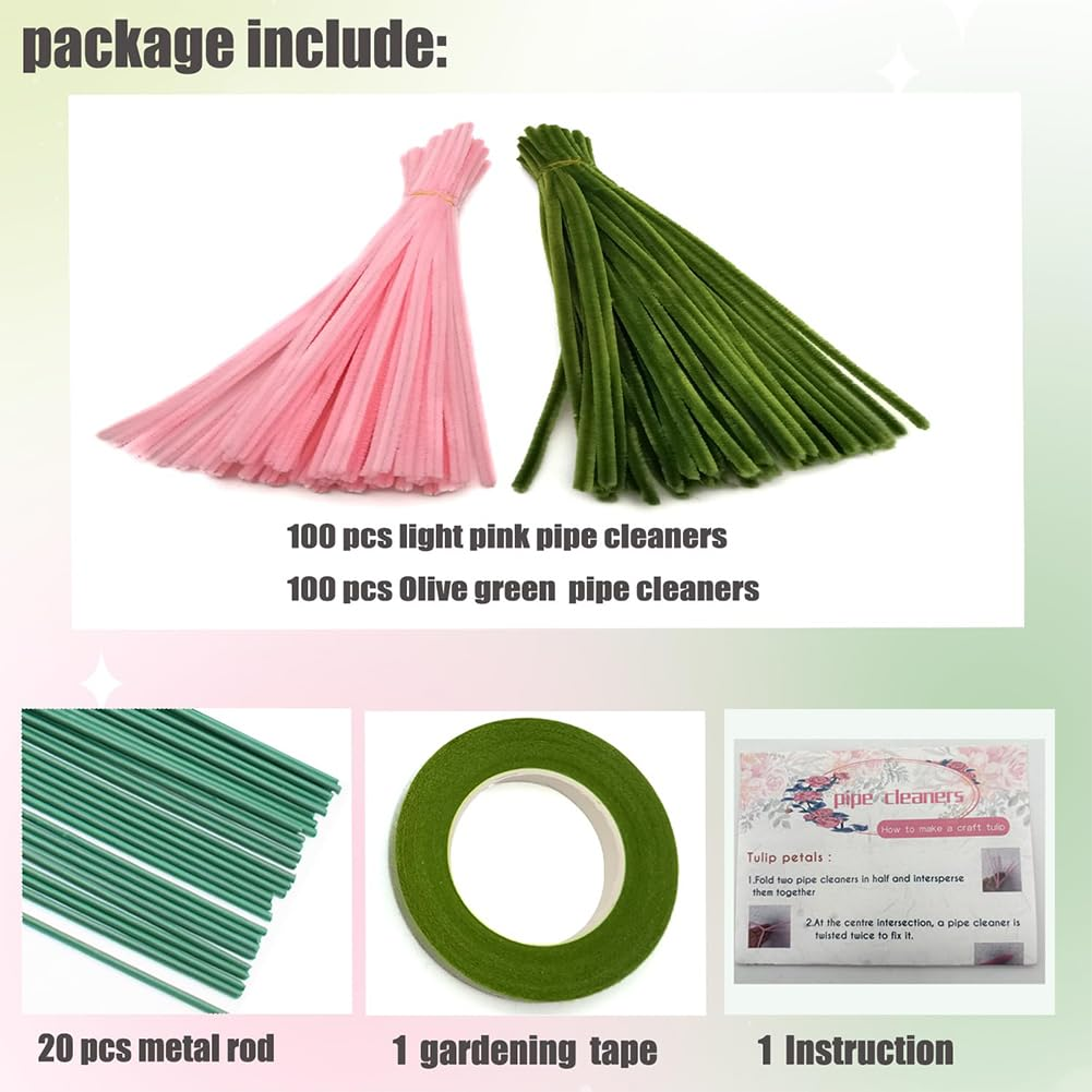 200Pcs Pipe Cleaners Craft Supplies Set, Pink Olivegreen Pastel Chenille Stems with 20Pcs Flower Stems, Chenille Stems for DIY Art and Craft Projects Creative Gift Wrapping Party Decorations image number 4