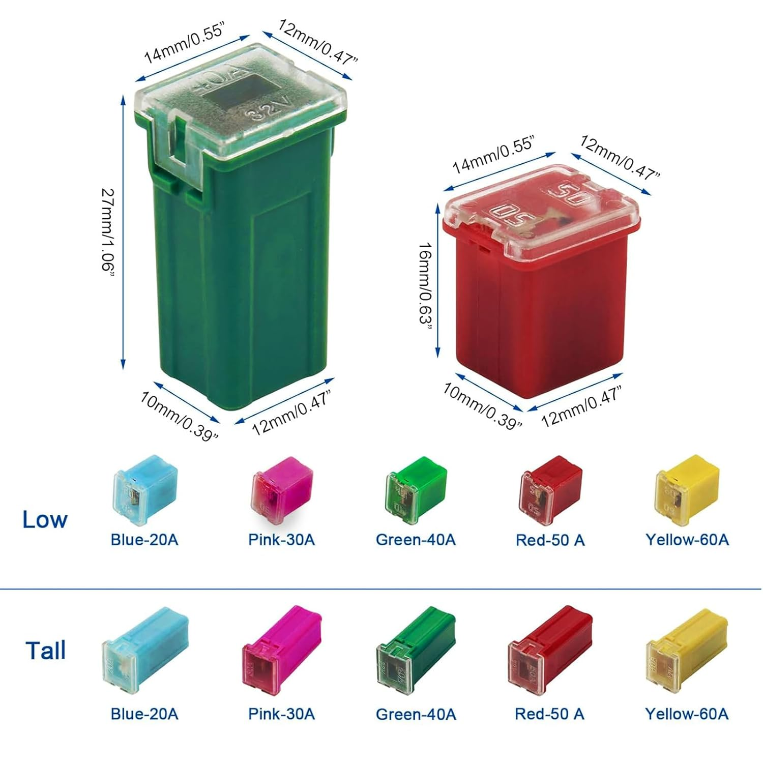 Qioon 10 PCS Car Fuse Assortment Kit, 20A 30A 40A 50A 60A, Tall and Short Box-Shaped Mini Fuses, Replacement Fuses for Car, RV, Truck, Motorcycle, Boat image number 1