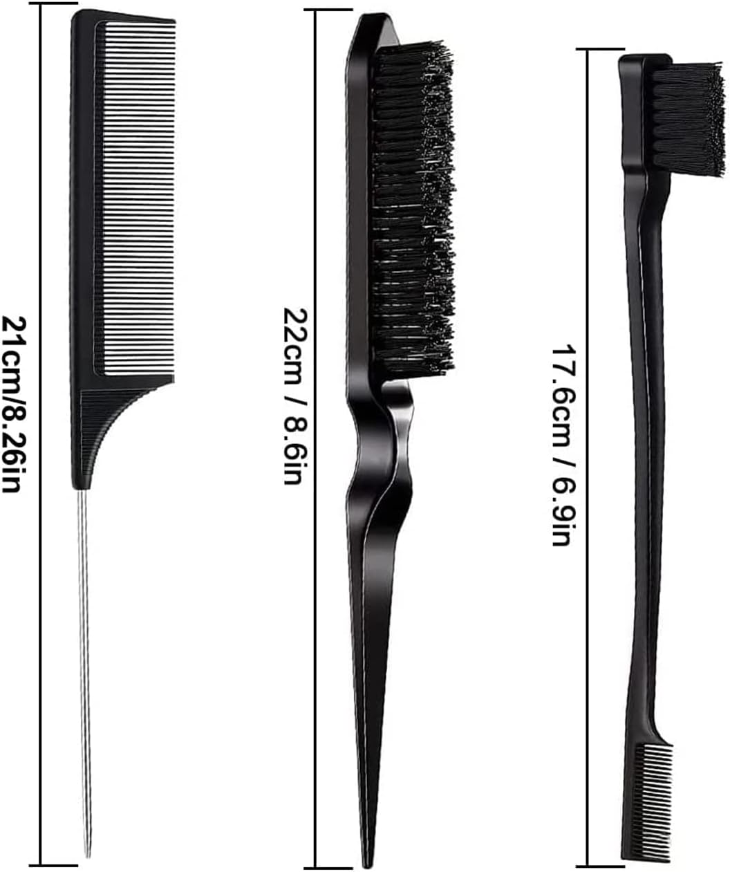 3-Piece Toupier Brush Set, Double Edges Brush and Comb, Bristles, Hair Brush, Comb Care Edges Brush, Combs, Robust Rat Tail Comb for Hairdresser, Women, Baby, Children image number 1