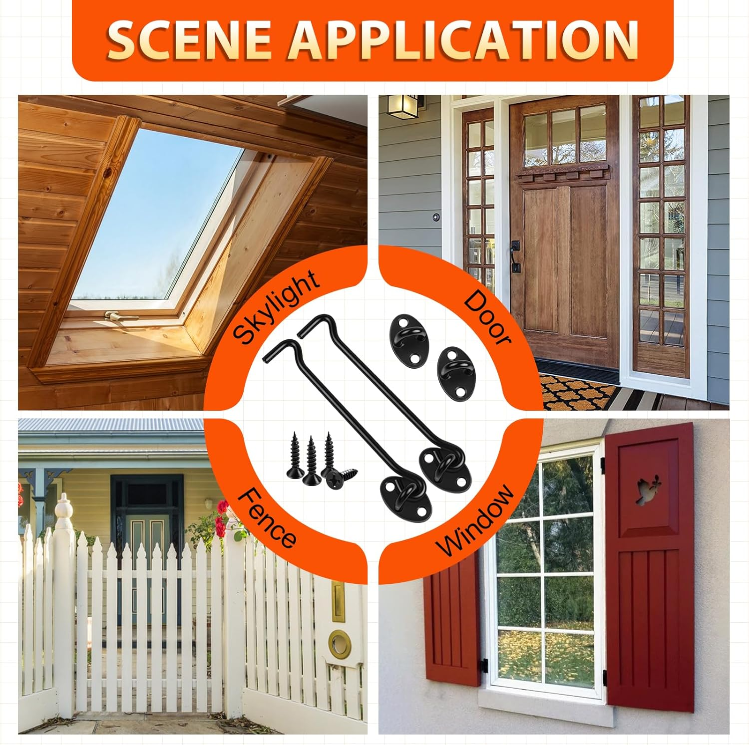 2 Pack Hook and Eye Latch, 4 Inch Black Cabin Hooks Stainless Steel Eye Gate Latch Easy Lock, Sliding Door Hooks Barn Door Catch Hardware with Screws for Outdoor Garden Shed Patio Window Wooden Gates image number 5