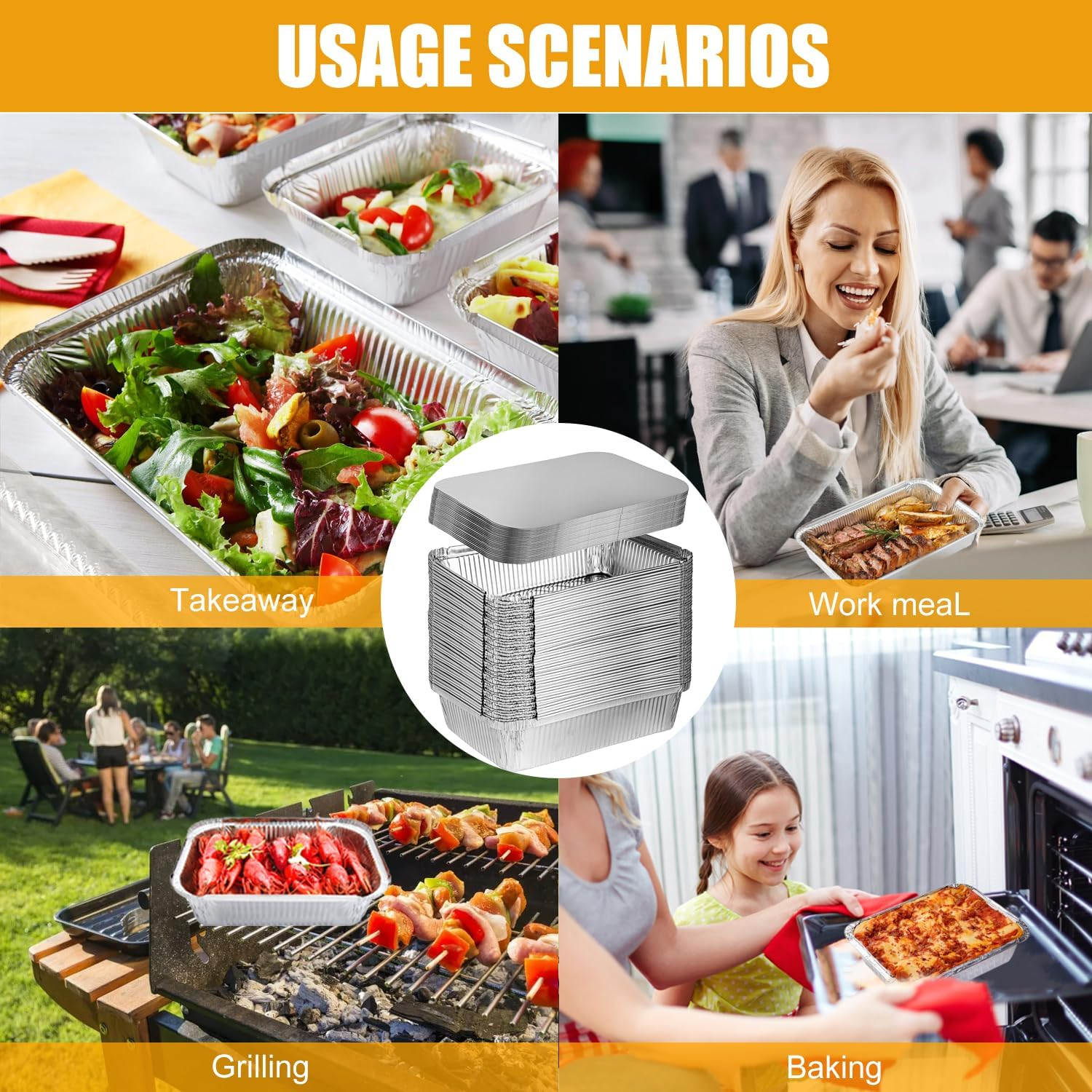 60 PCS Foil Trays with Lid, 20X11X5.5Cm Aluminium Foil Pan Foil Food Containers, 60 Pans and 60 Cardboard Covers, Tin Foil Pans for Baking, Meal Prep, Freezer and Takeout image number 6