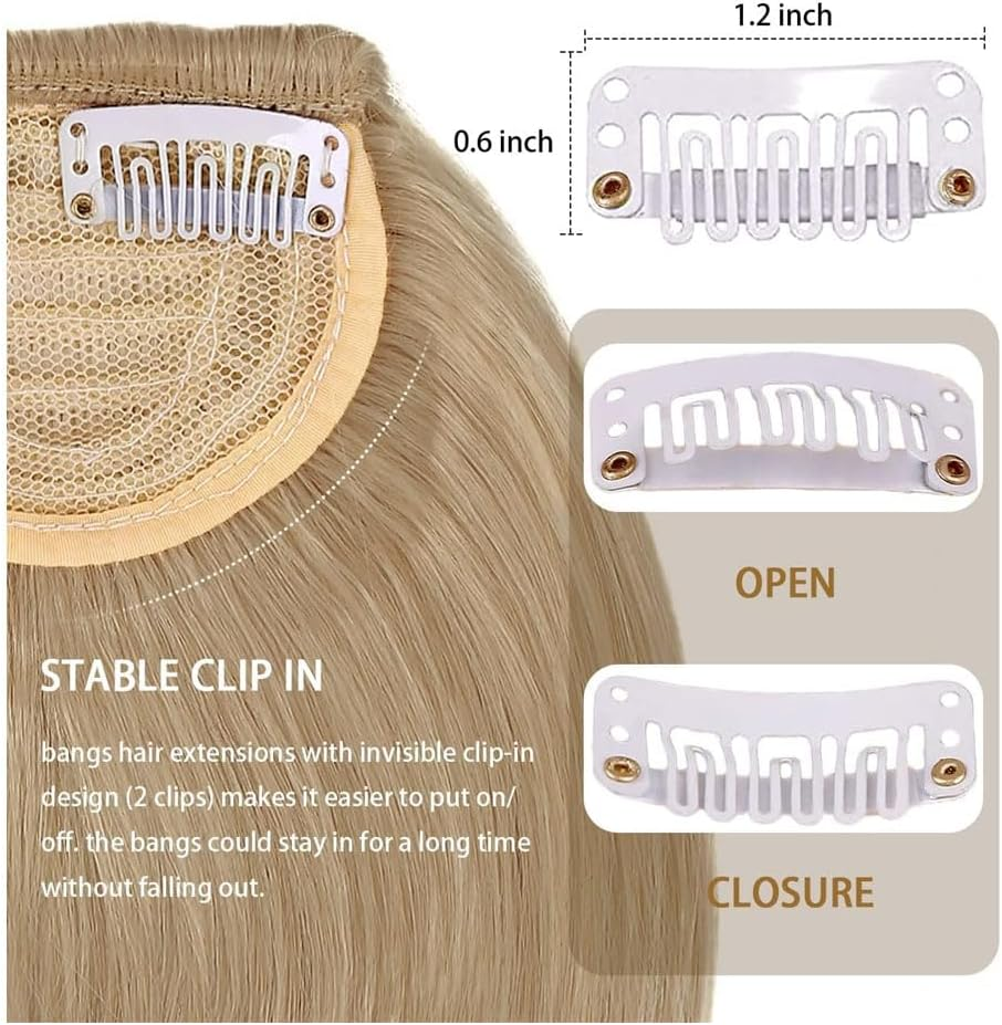 Ash Blonde Bangs Hair Clip Extension French Bang Clip in Thick Natural Full Front Neat Bangs Straight Fringe Bang with Temples One Piece Hairpiece (Ash Blonde) (Golden) image number 2