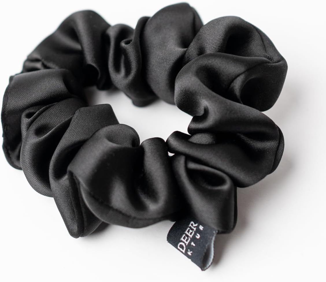WHITE DEER MANUFAKTUR Scrunchie Soft Edition - Premium Satin Scrunchie in Black, Medium for Normal Hair - Comes with Organza Pouch