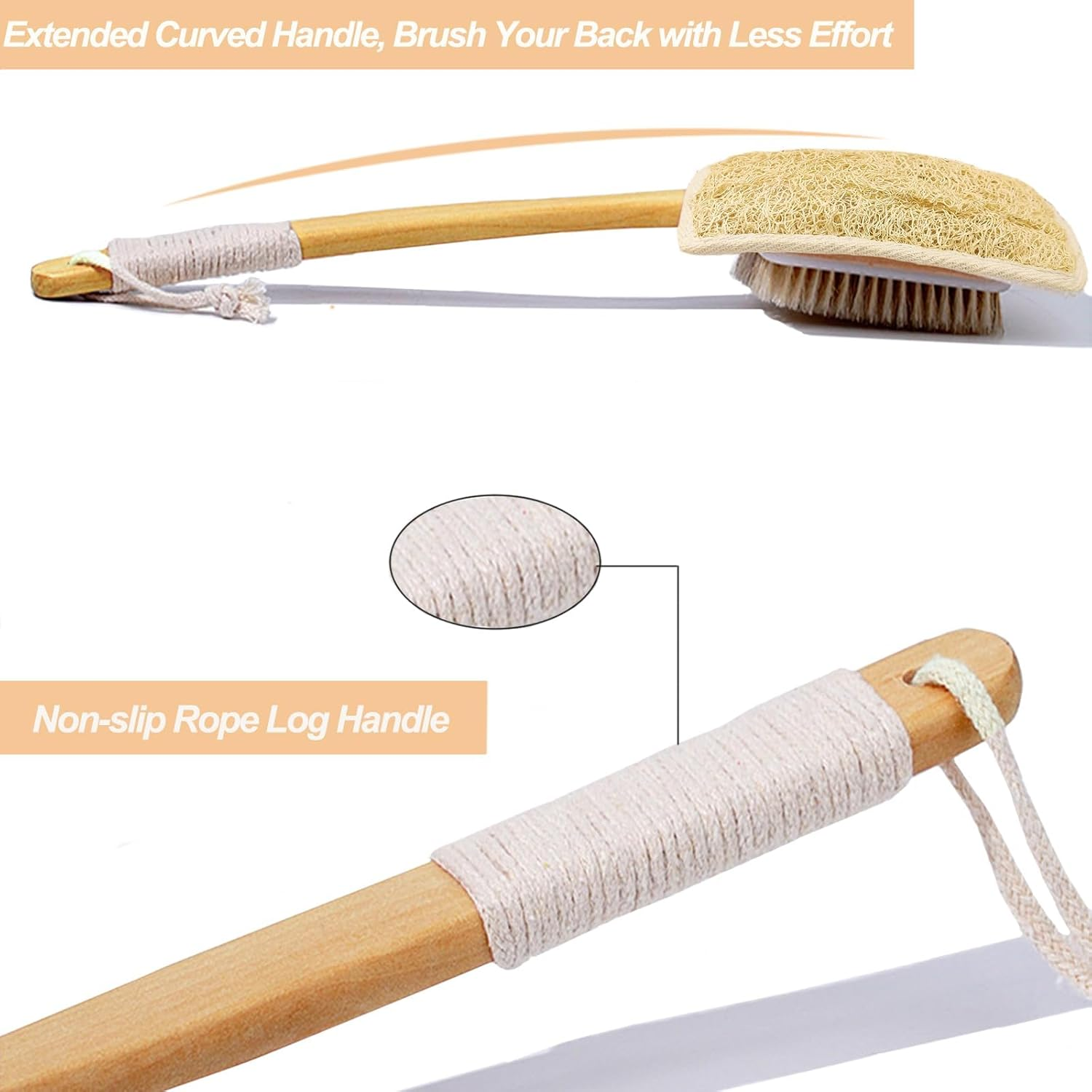 Catchu Loofah Shower Brush, Double Sided Eco-Friendly Bath Brush, Natural Loofah Detachable with Long Bamboo Handle and Boar Bristle Back Scrubber for Bathing Skin Exfoliator - Single image number 1