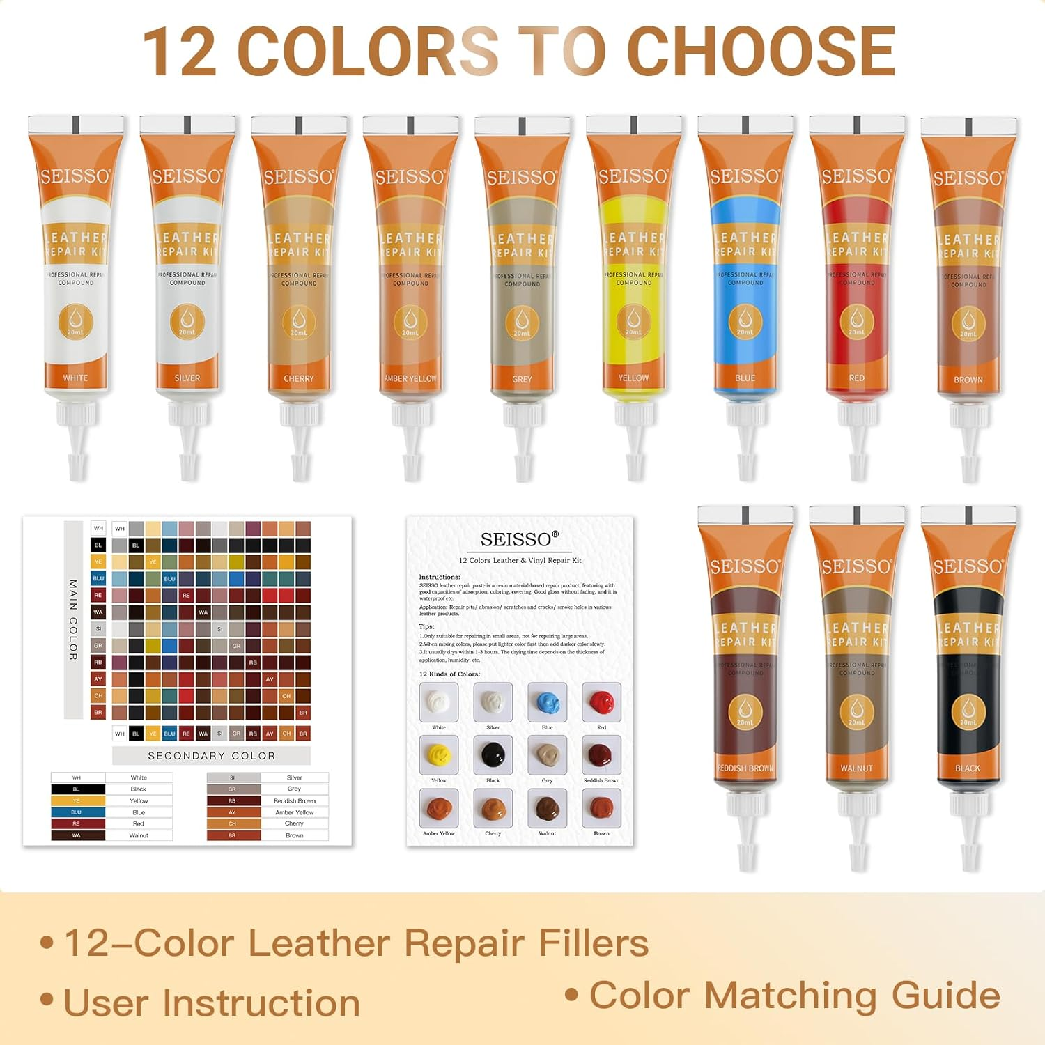 SEISSO Leather Repair Kits for Couches, Restoring Touch up Leather and Vinyl Furniture Car Seat Jacket, Leather Repair Color Gel Covers Scratches, Scrapes, Scuffs, Scuffed & Faded Leather, 12 Color image number 1