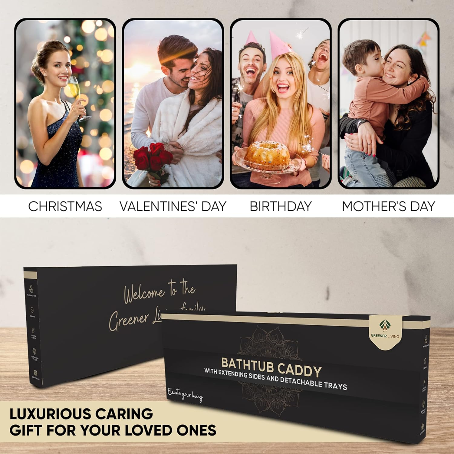 Luxury Bath Caddy Tray for Bathtub with Tablet Holder &ndash; Spa Gift Set for Women | Adjustable Bamboo Bath Tray Table &ndash; Ideal Present for Wife, Mum, Her image number 1