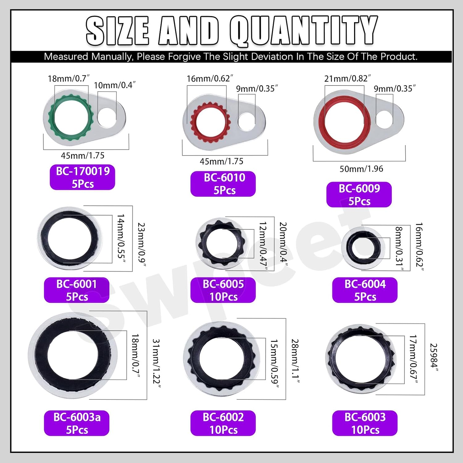 Swpeet 60Pcs 9 Size A/C System Compressor Gasket Seals Assortment Kit, Air Conditioning Compressor Port Seal Washer, Bonded Gasket Seal, A/C Compressor Seal Gasket