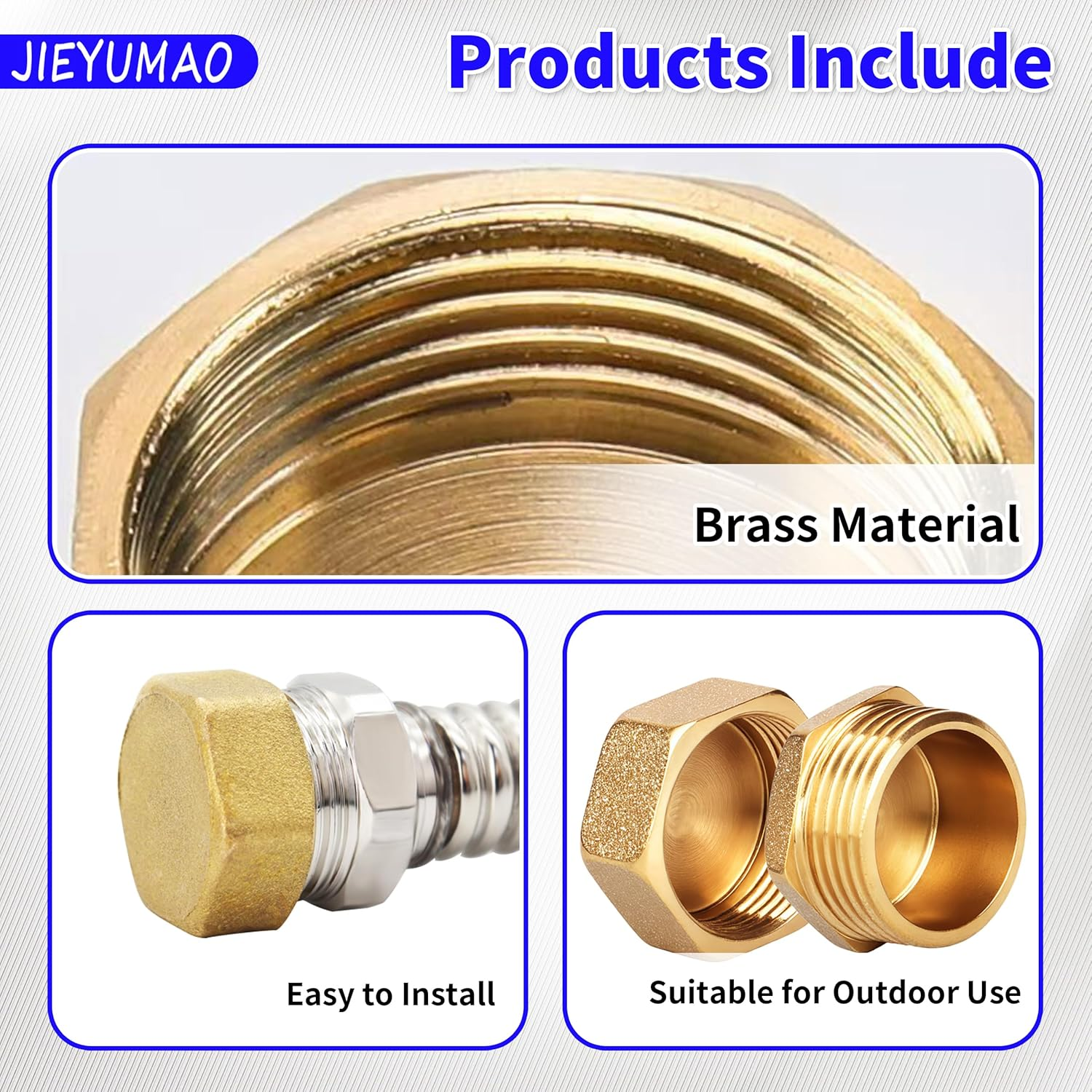 Garden Hose Cap, 4Pcs Brass Spigot Cap with Washers, 3/4 Inch 2 Styles Garden Hose End Caps with Tape, Outdoor Faucet Caps Brass Gardens Hoses Plug for Outdoor Faucet Replacement image number 3