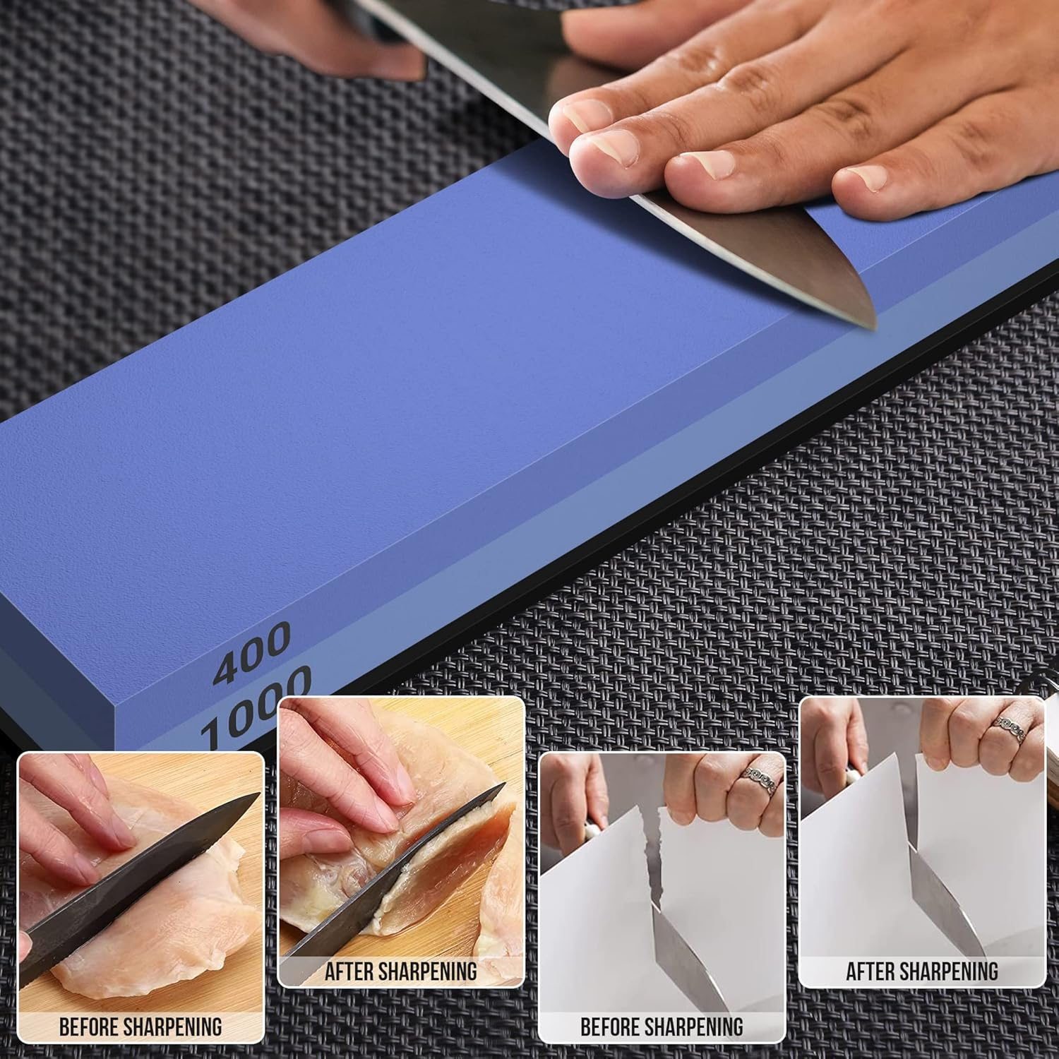 Knife Sharpening Stone Set - Premium 4 Side Grit 400/1000 3000/8000 Whetstone Sharpener Kit - Non-Slip Bamboo Base,Cut Resistant Gloves, Angle Guide,Flatting Stone,Honing Guide,Leather Strop image number 5