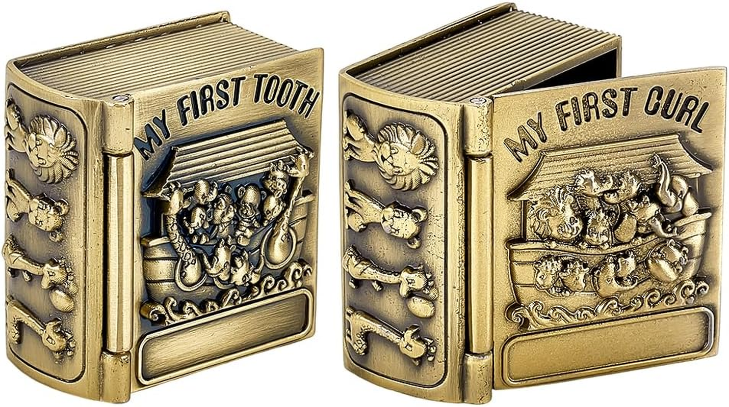 FINGERINSPIRE 2PCS My First Curl and My First Tooth Keepsake Box Antique Bronze Book Shaped Teeth Collection Organizer Holder First Curl and Tooth Keepsake Box for Babies to Keep the Childhood Memory image number 4