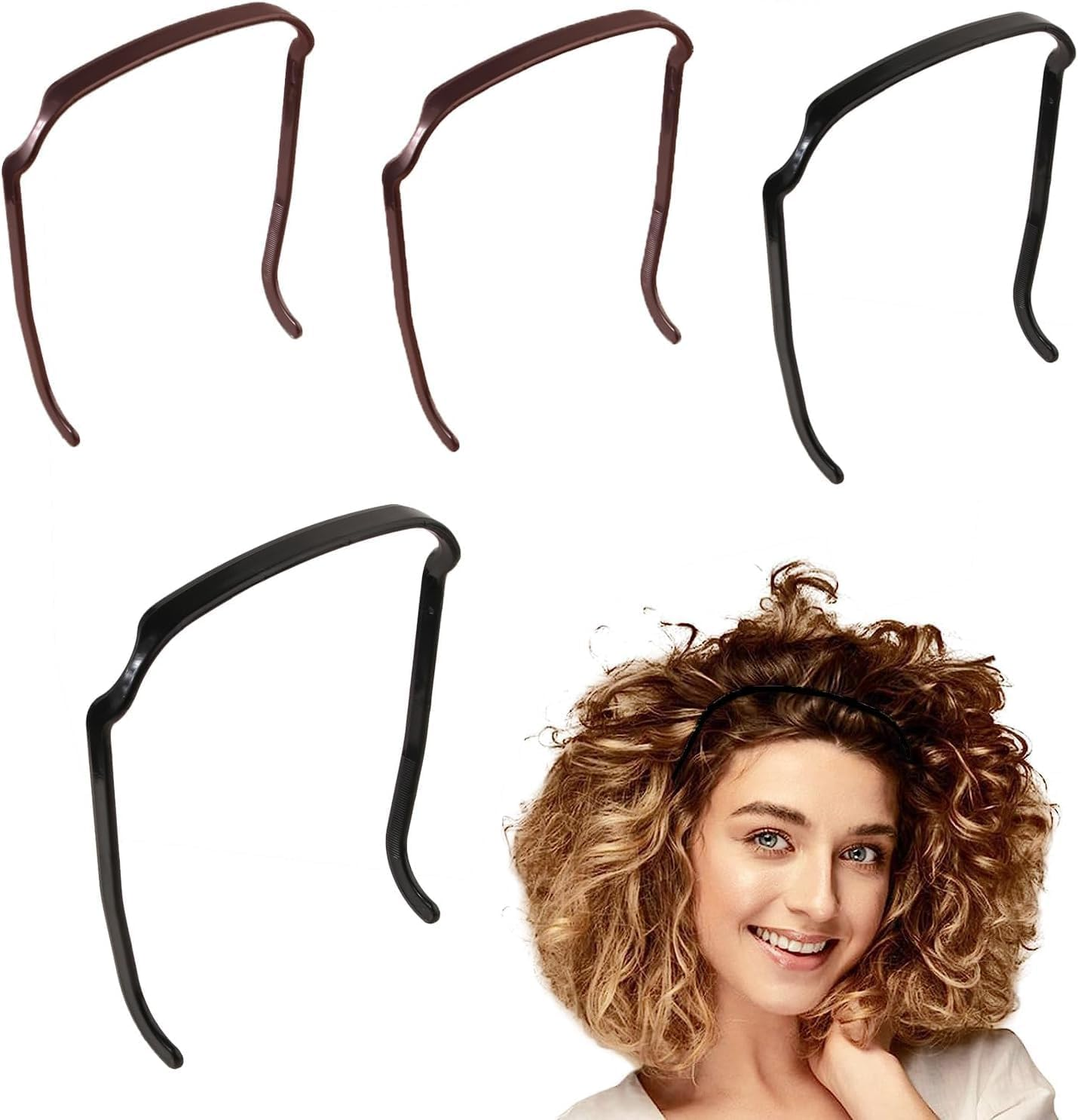 4Pcs Makeup Headband for Women Sunglasses Curly Thick Hair Medium Headbands Band Invisible Hoop Skin Care,Shower, Exercise, Black and Brown
