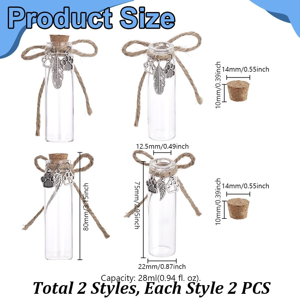 AHANDMAKER 4Pcs 2 Styles Pet Hair Memorial Glass Bottle Pet Fur Memorial Jar Glass Vial for Ashes Dog Keepsake Pets Loss Memory Sympathy Gift Clear Dog Cat Fur Keepsake Pet Urn Glasses Bottles image number 3
