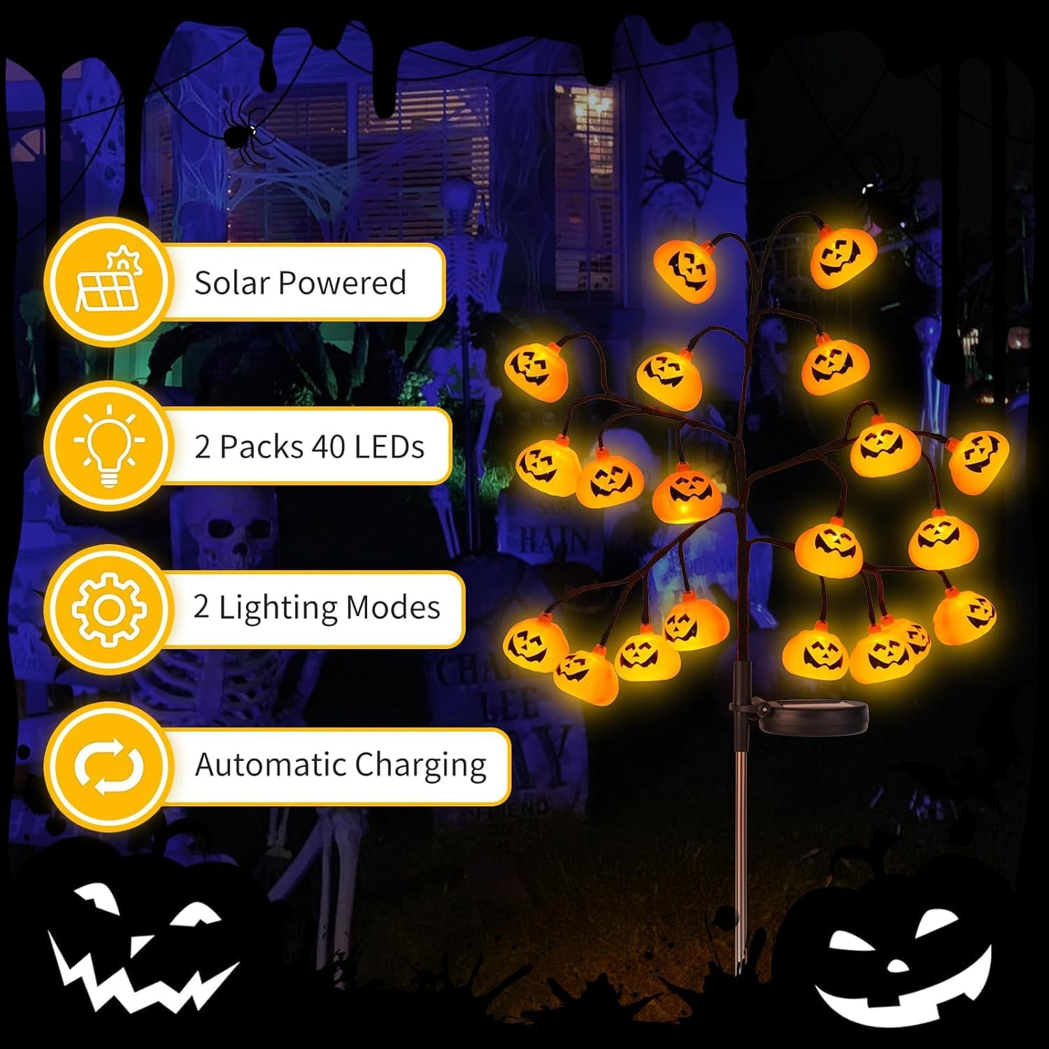 Outdoor Halloween Pathway Lights Decor，2 Pack 40 LED Halloween Pumpkin Stake Lights，Waterproof Orange Jack-O-Lantern Solar Decorative Pathway Lights for All Saints' Day Gravestone Garden Lawn Yard image number 1
